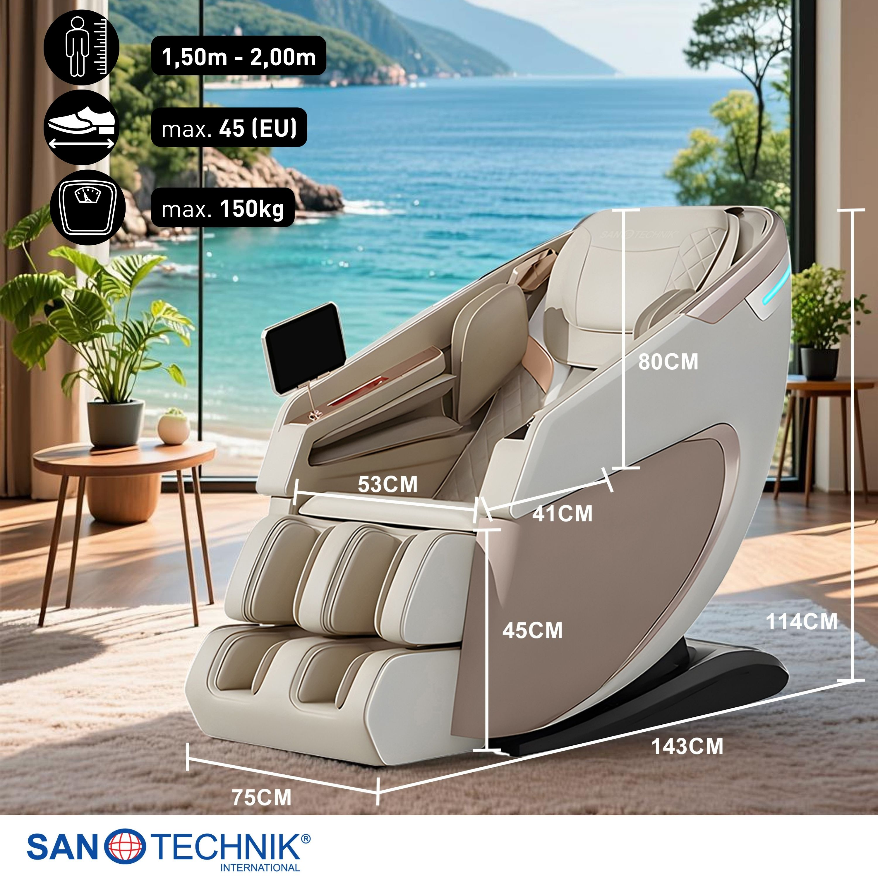 Ein beiger Massagesessel mit Maßen und Ansicht auf ein Meer.