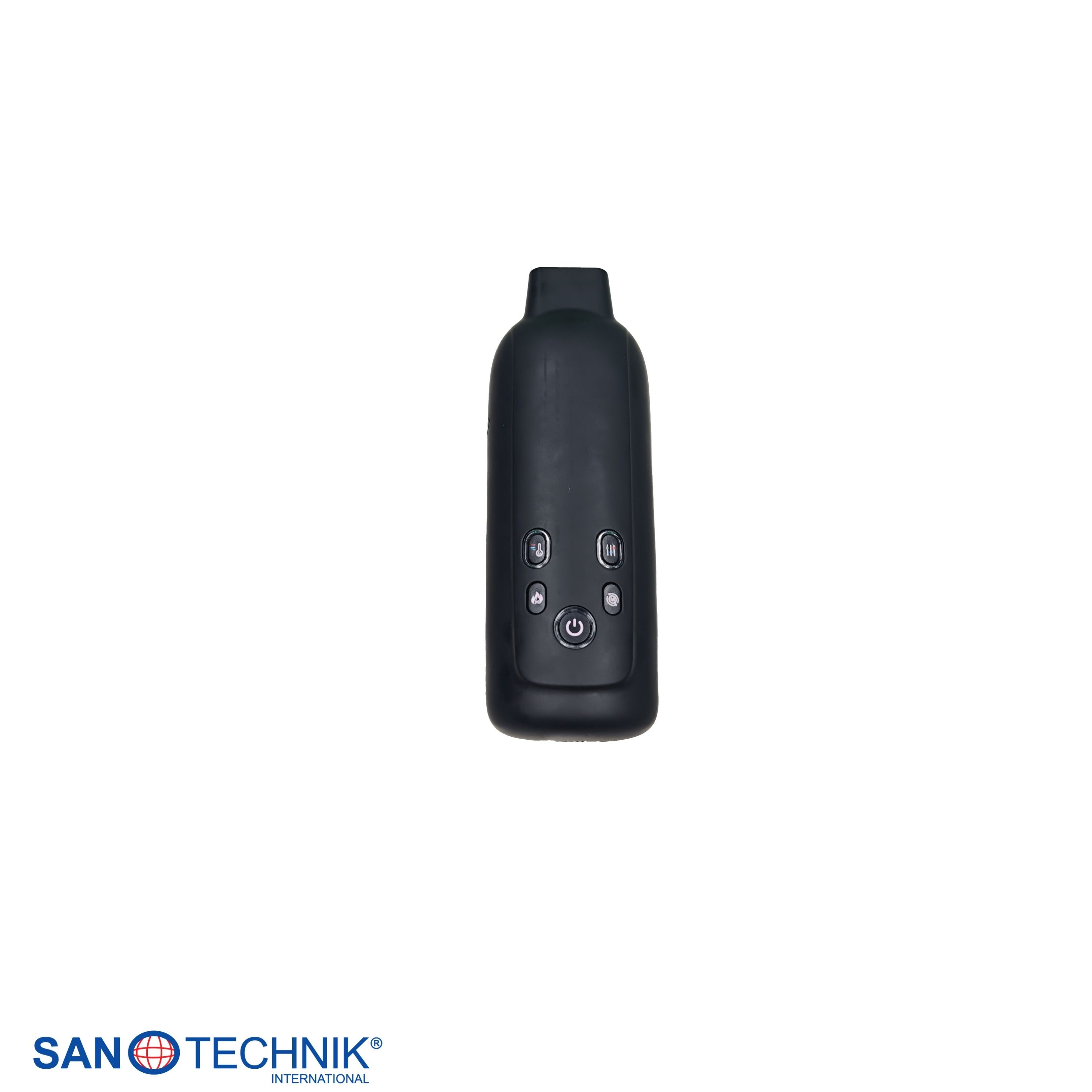 Schwarzer Fernbedienungs-Controller mit Power-Taste und Symbolen.