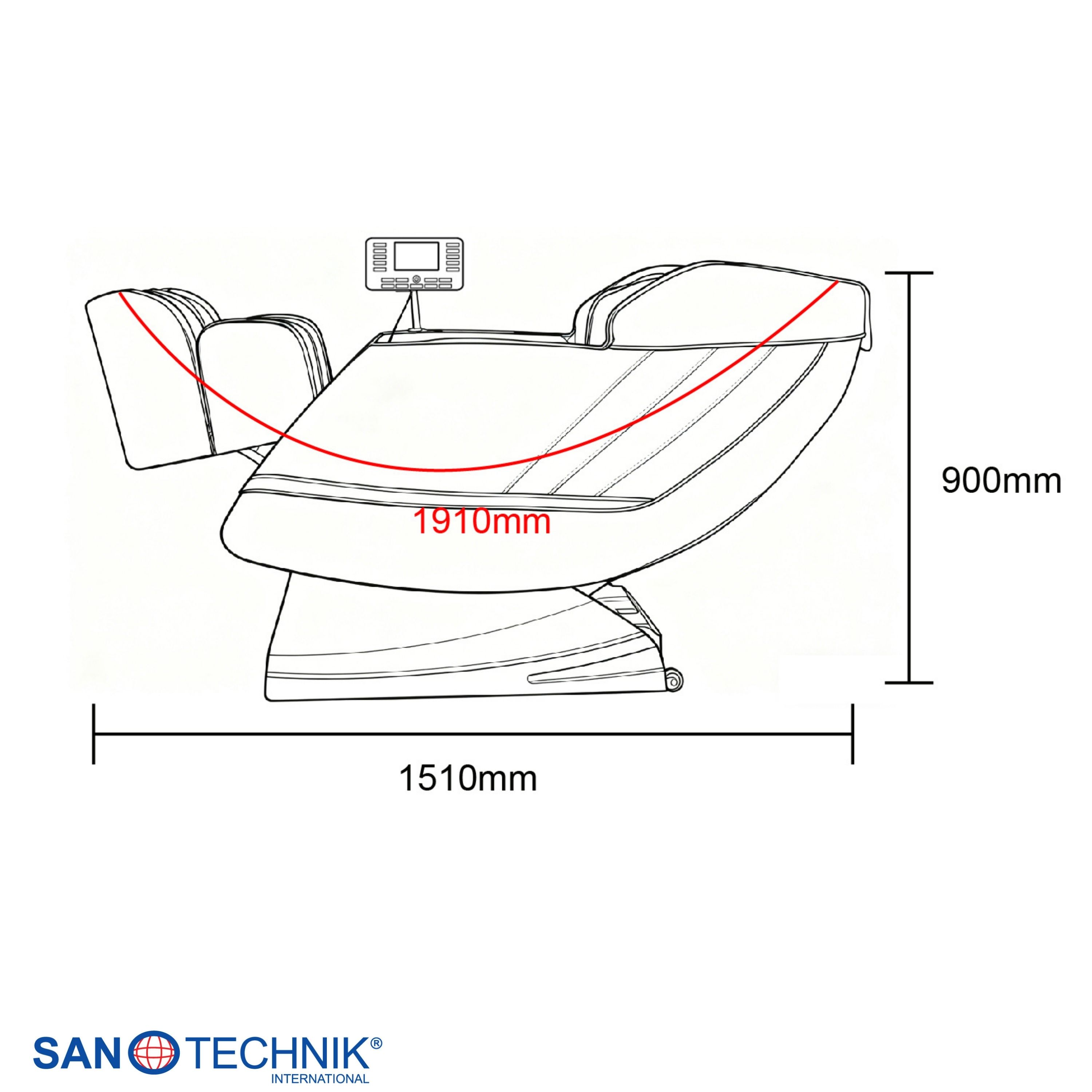 Umrisszeichnung eines Massagesessels mit Maßen: 1510mm Länge, 900mm Höhe.