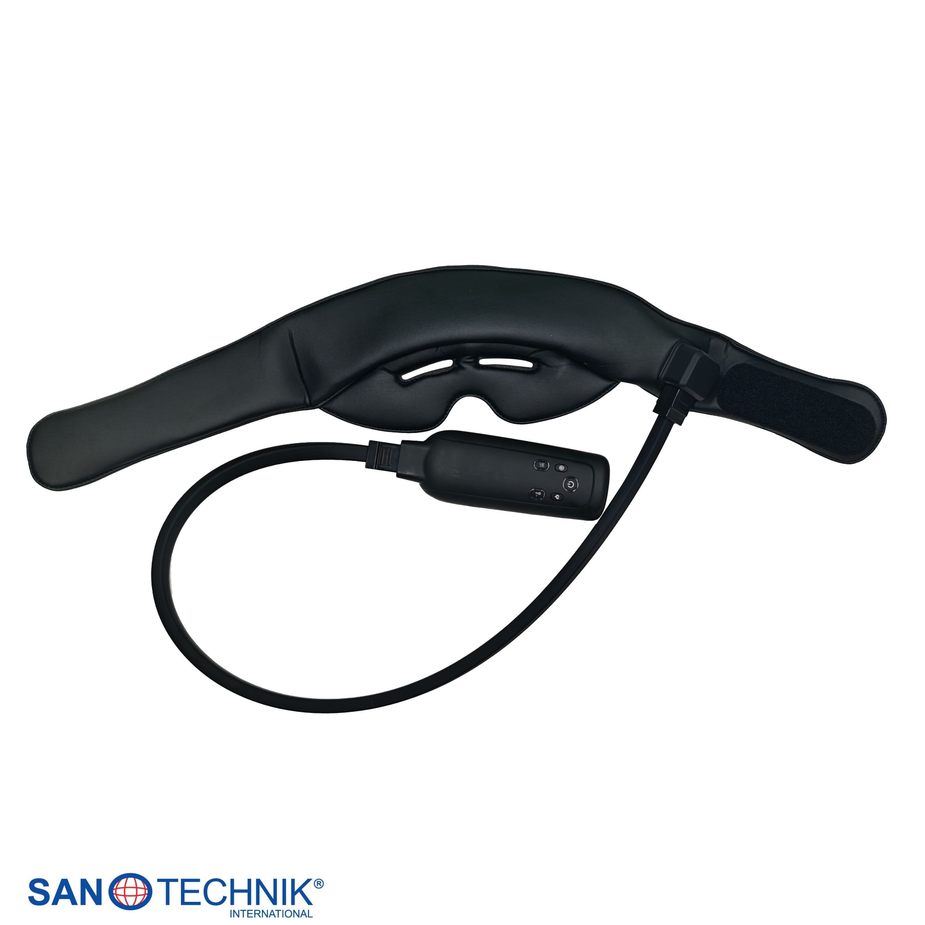 Schwarzes Massagegerät für Augen und Stirn mit Kabel und Steuerung.