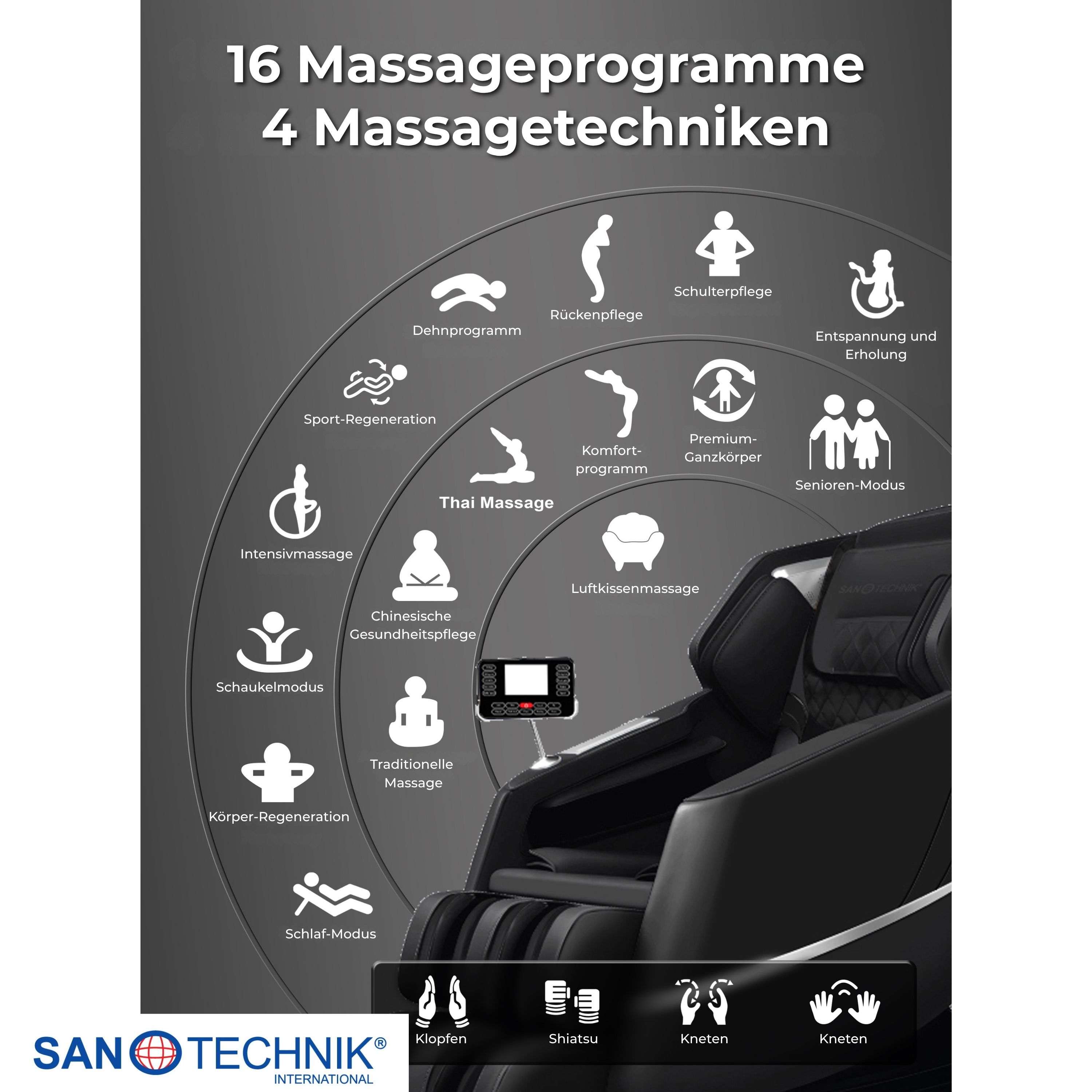 Massageprogramm-Übersicht mit Symbolen für 16 Programme und 4 Techniken.