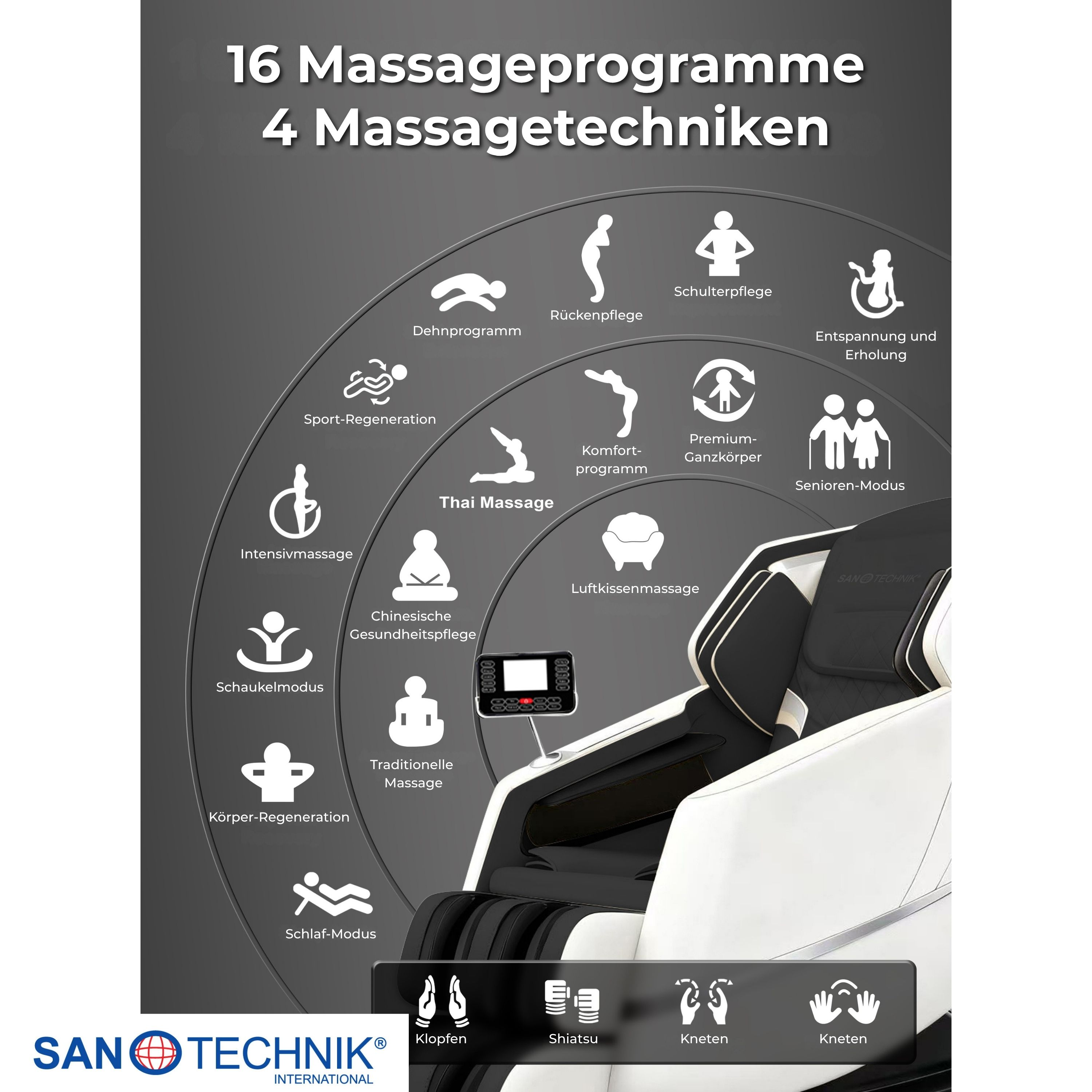 Ein Massagesessel mit vielen Programmen und Techniken, auf einem grauen Hintergrund.