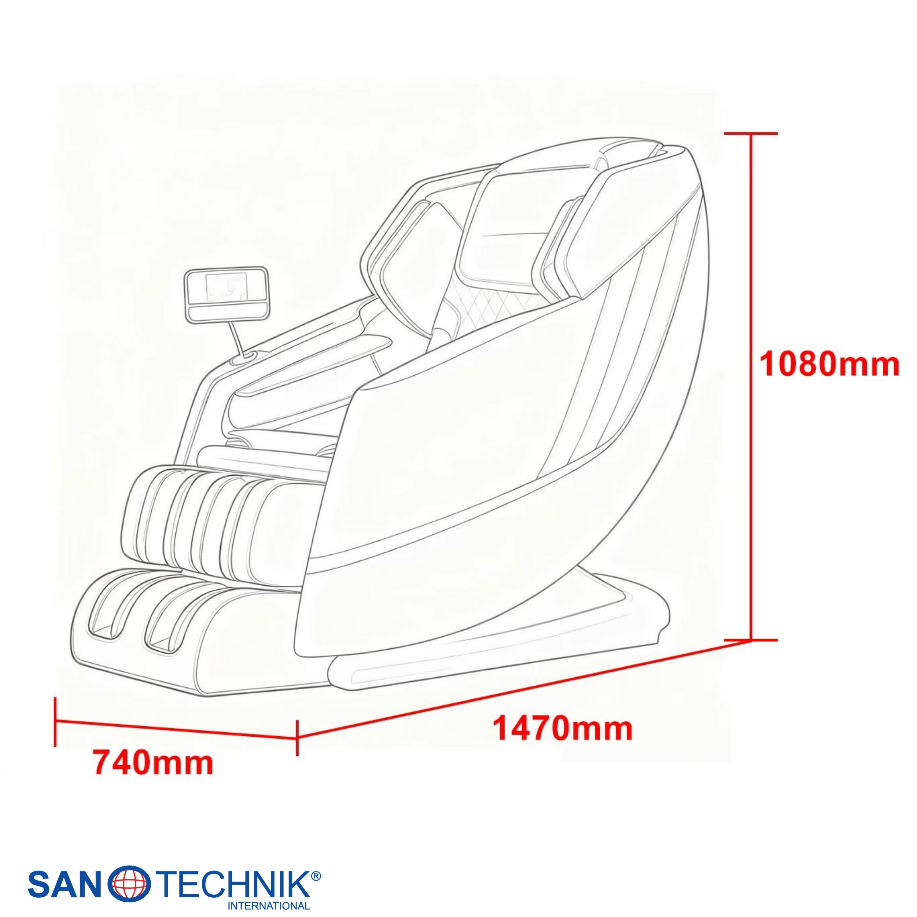 Eine schematische Zeichnung eines Massagesessels mit Maßen von 740mm, 1470mm und 1080mm.