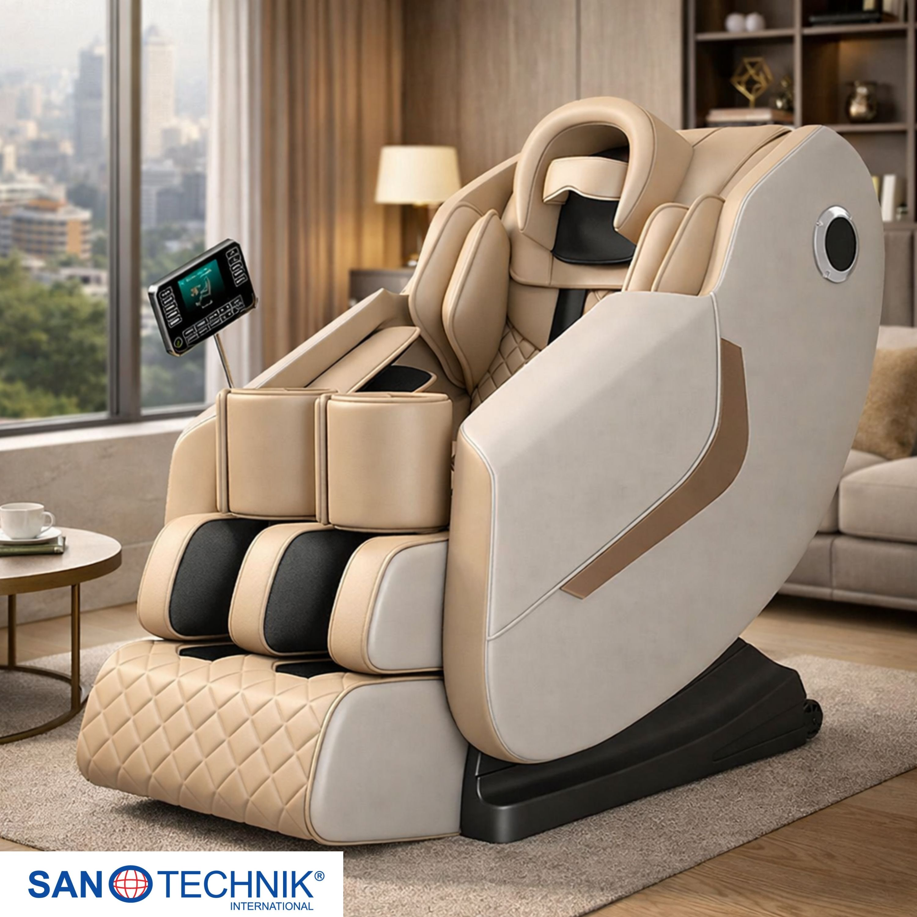 Ein beiger Massagesessel mit Fernbedienung steht in einem luxuriösen Raum.