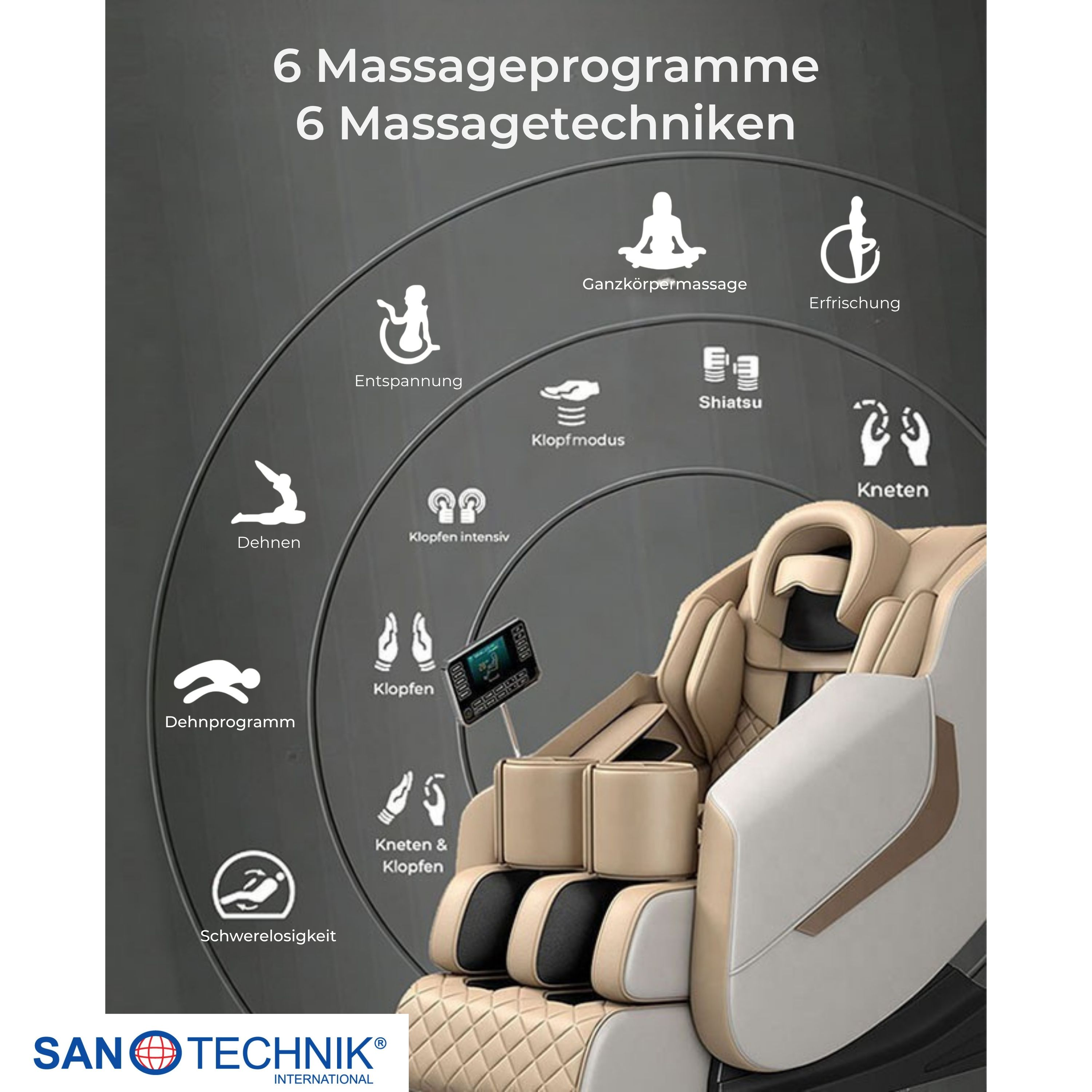 Ein beiger Massagesessel mit Icons für verschiedene Massageprogramme und -techniken.