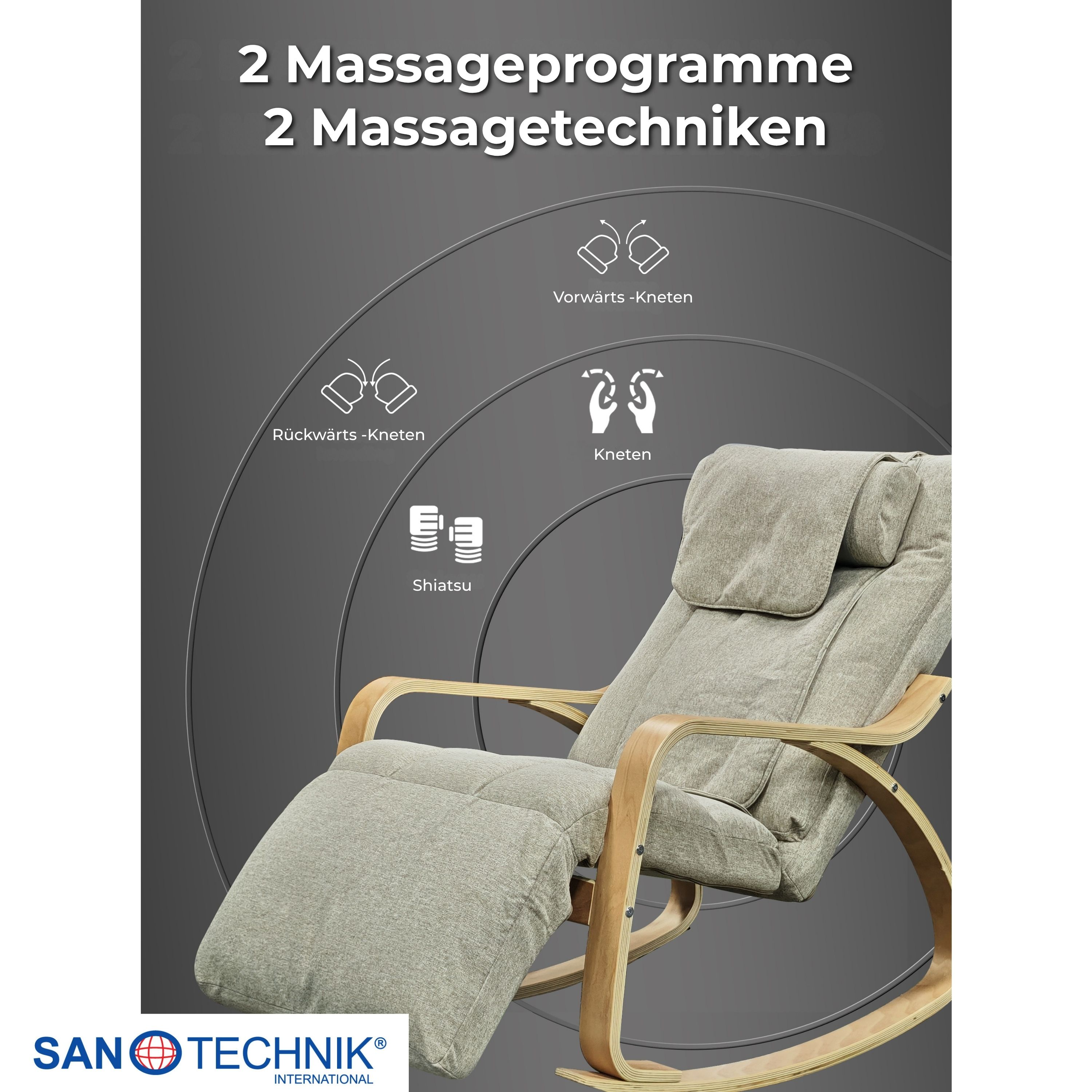 Ein beigefarbener Massagestuhl mit Holzrahmen, der "2 Massageprogramme 2 Massagetechniken" anzeigt.