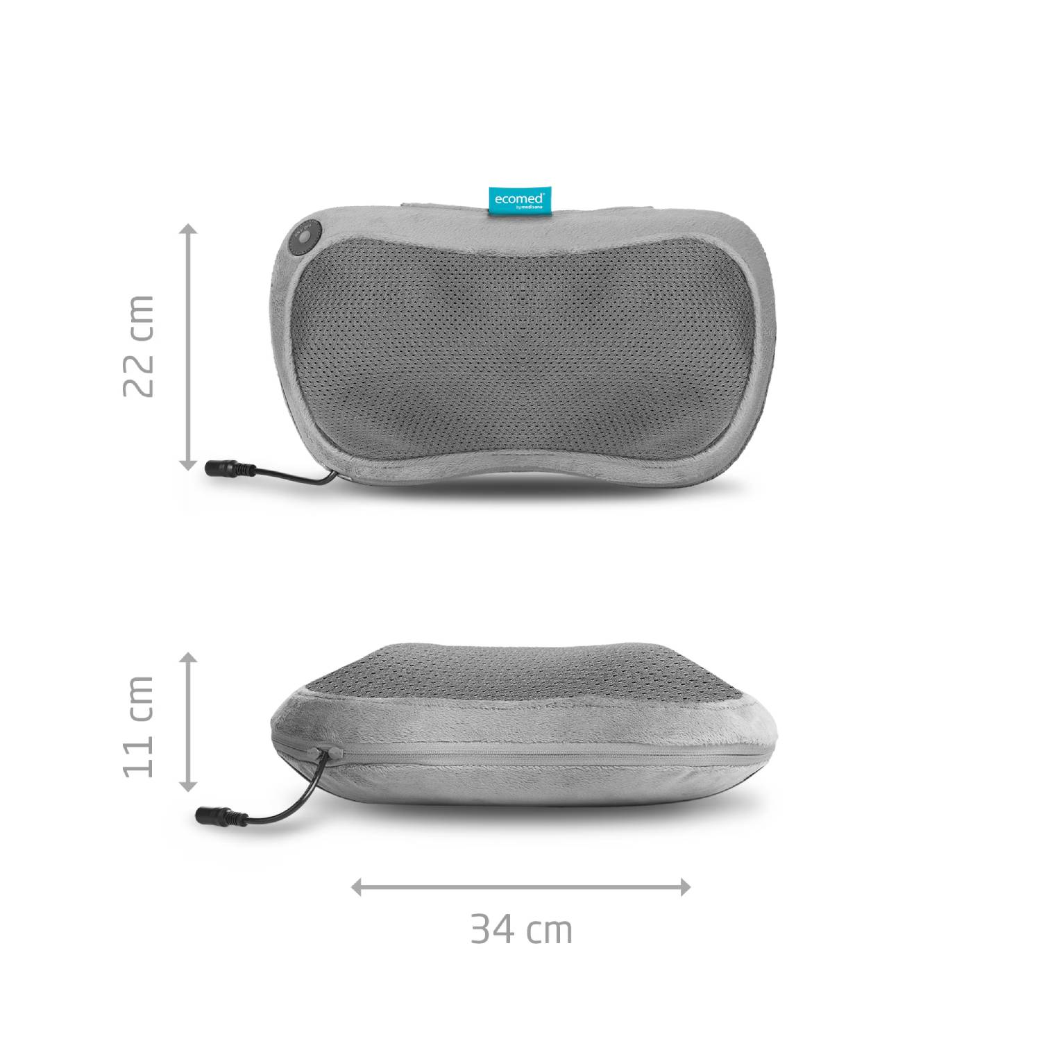 Almohada de masaje gris con superficie de malla, 22x34x11 cm.