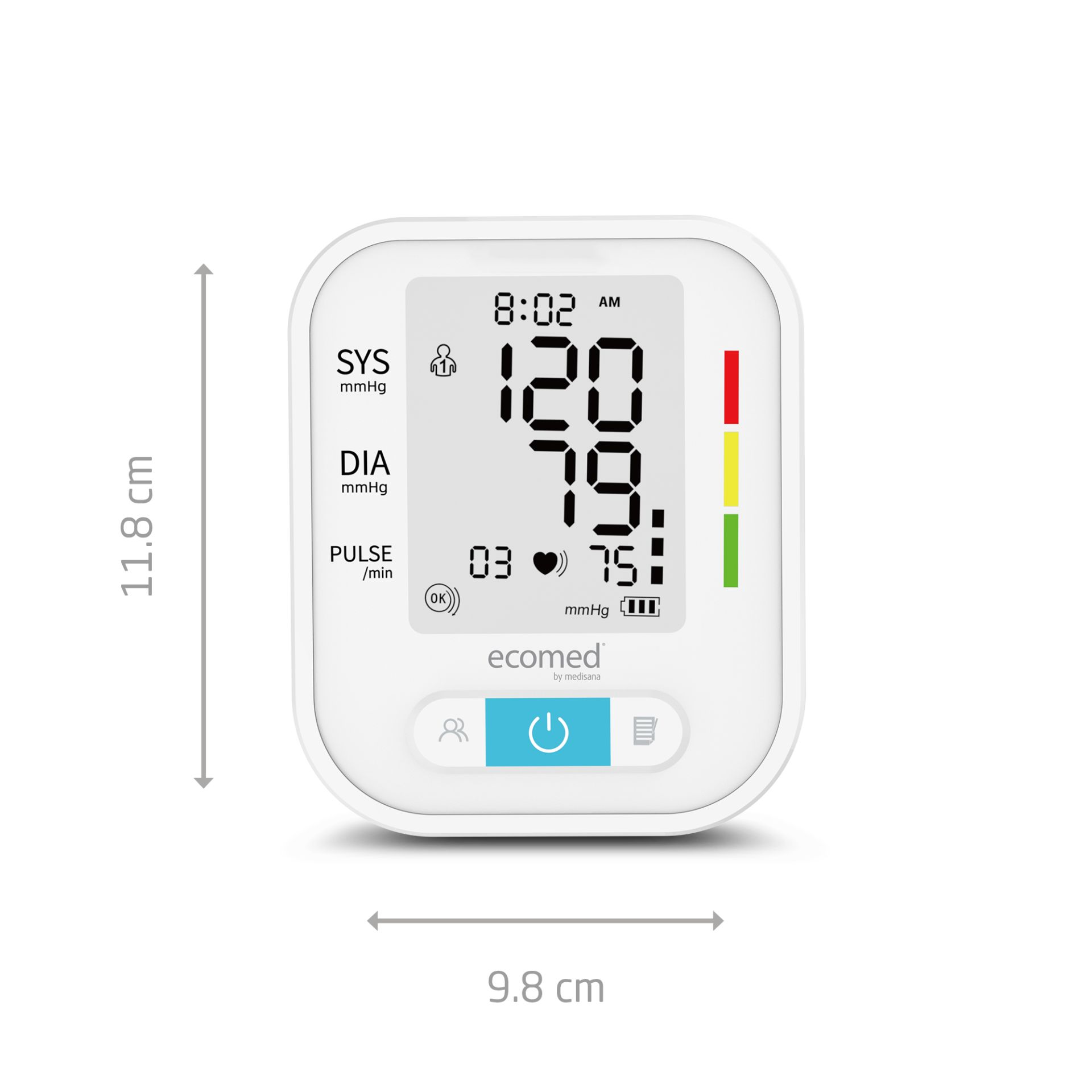 Un tensiómetro digital blanco muestra 120/79 mmHg y 75 pulsaciones/min.