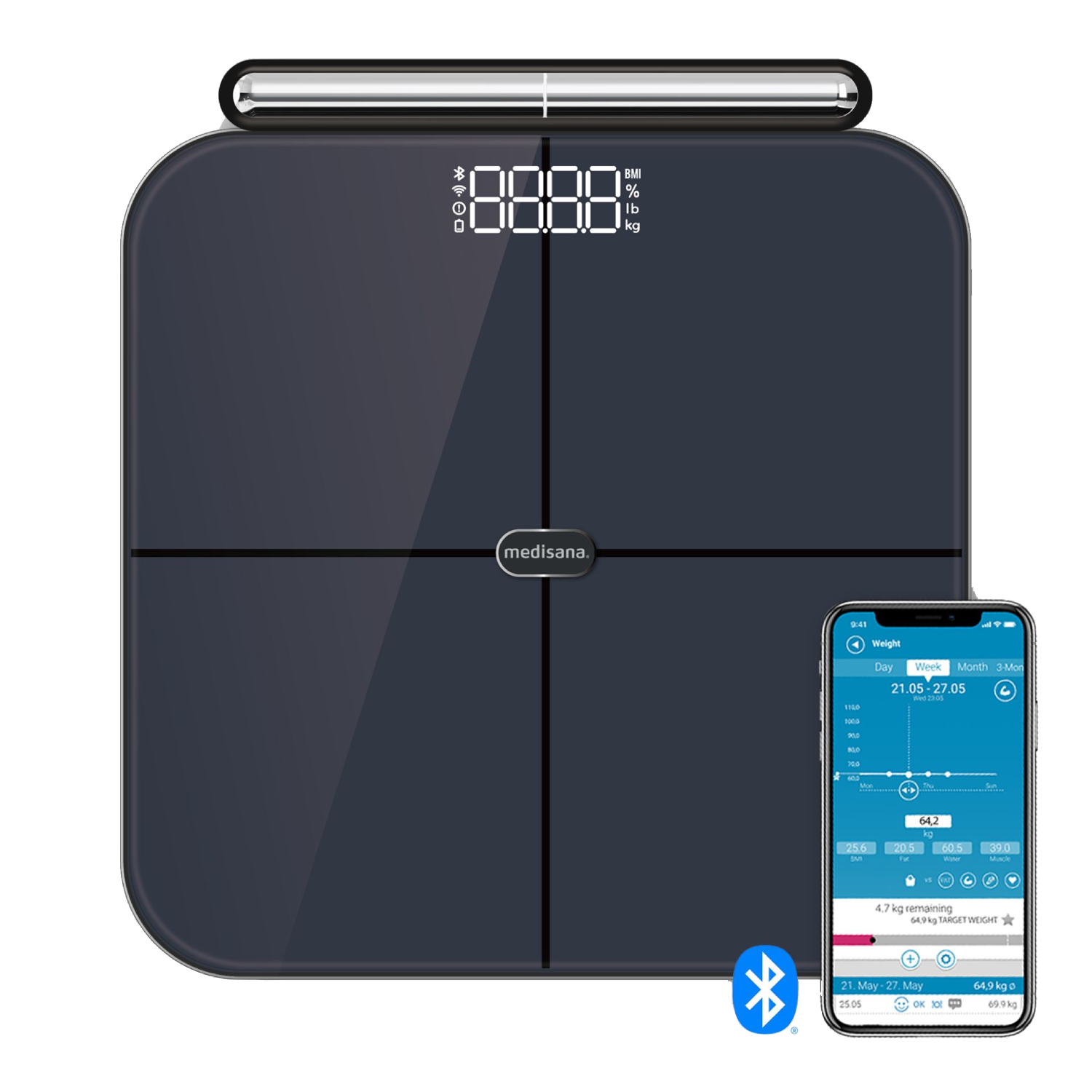 Una báscula digital con un smartphone que muestra datos de peso.