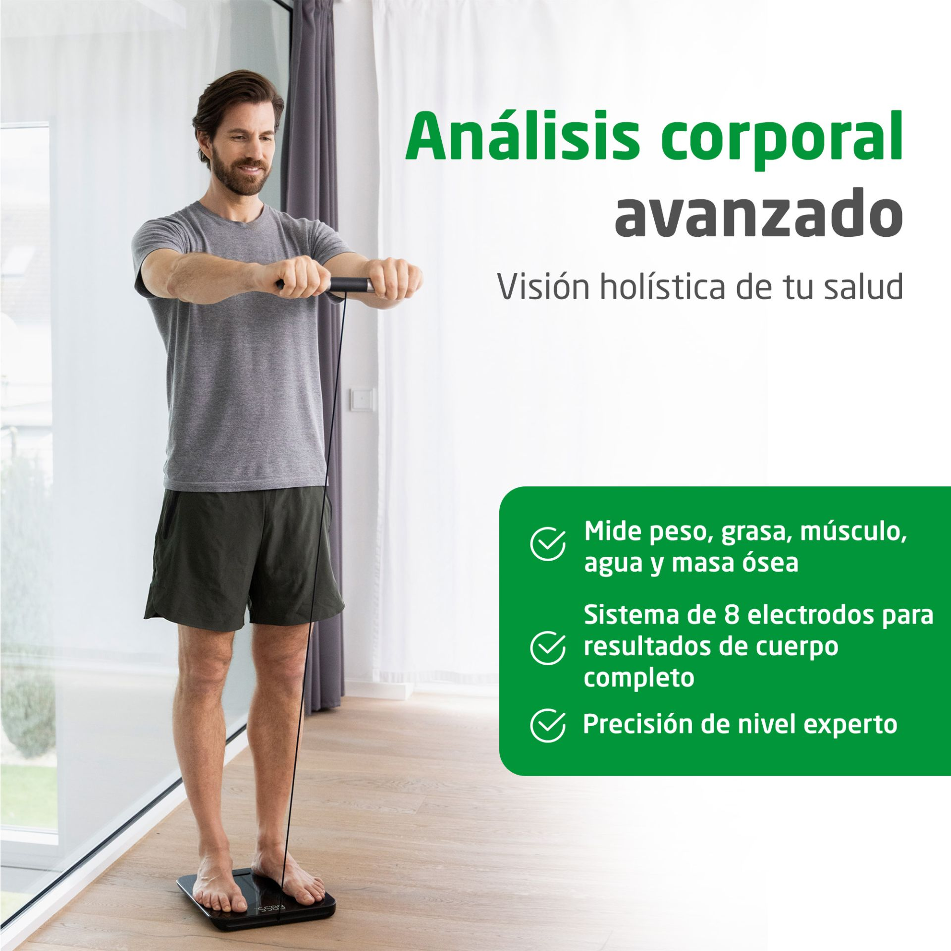 Análisis corporal avanzado. Visión holística de tu salud. Mide peso, grasa, músculo agua y masa ósea. Sistema de 8 electrodos para resultados de cuerpo completo. Precisión de nivel experto.