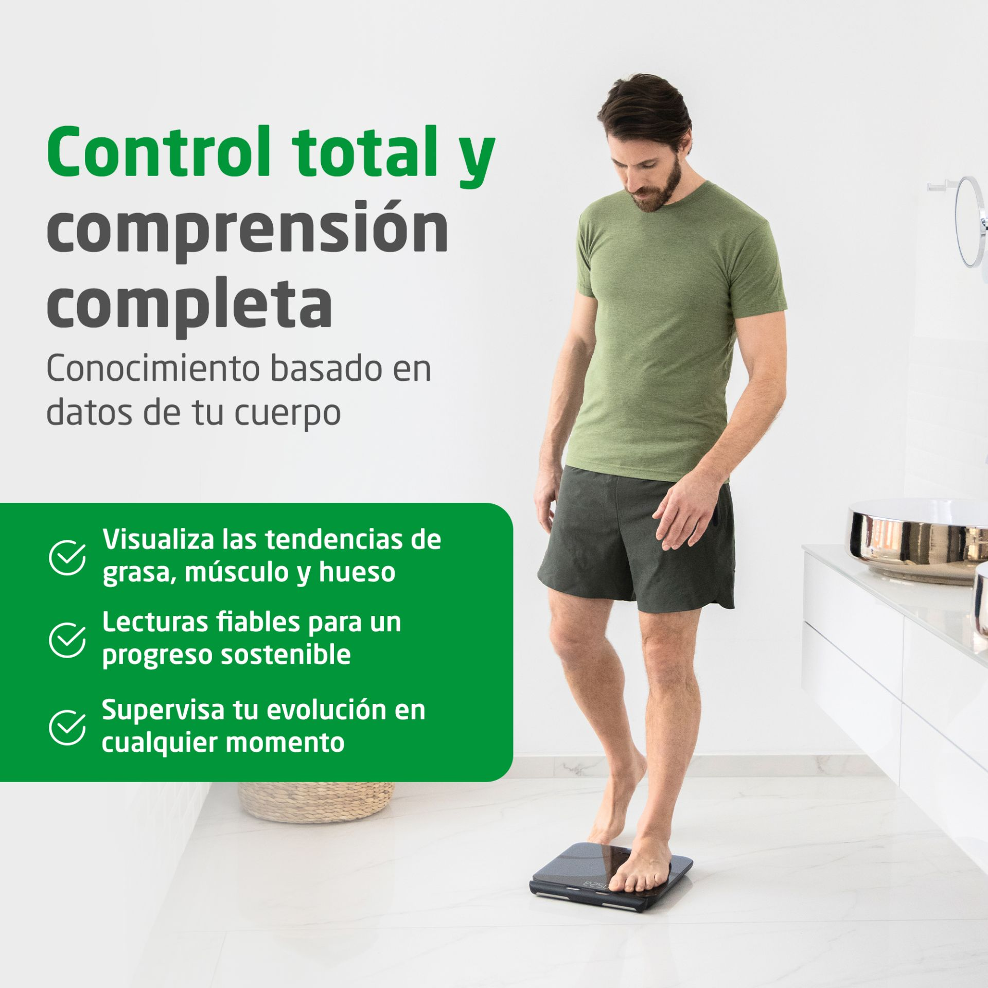 Control total y comprensión completa. Conocimiento basado en datos de tu cuerpo. Visualiza las tendencias de grasa, músculo y hueso. Lecturas fiables para un progreso sostenible. Supervisa tu evolución en cualquier momento.