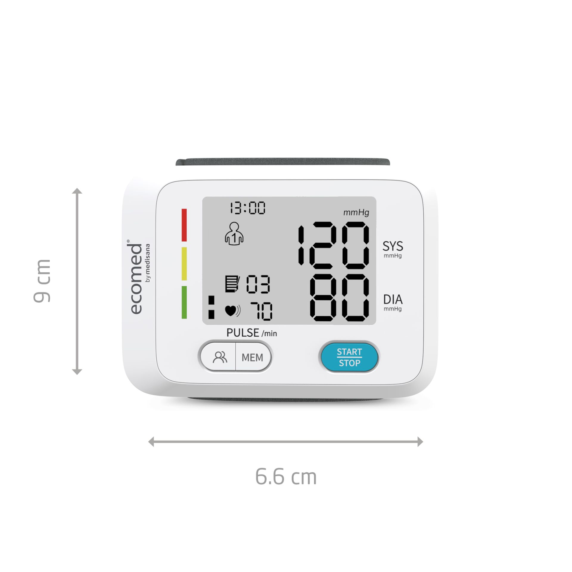 Un tensiómetro digital que muestra hora, pulso y valores de medición.
