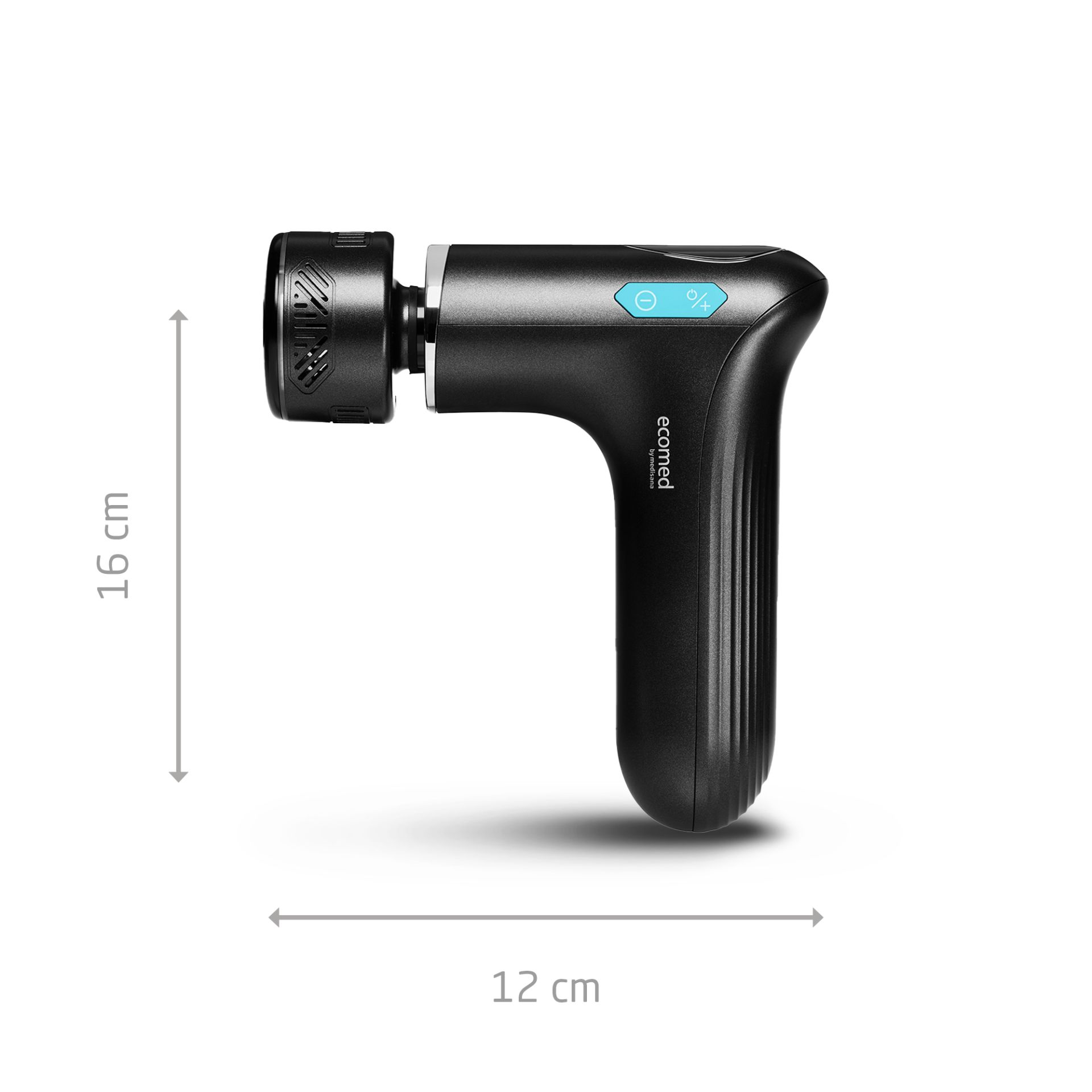 Pistola de masaje negra con detalles plateados y botones de control.