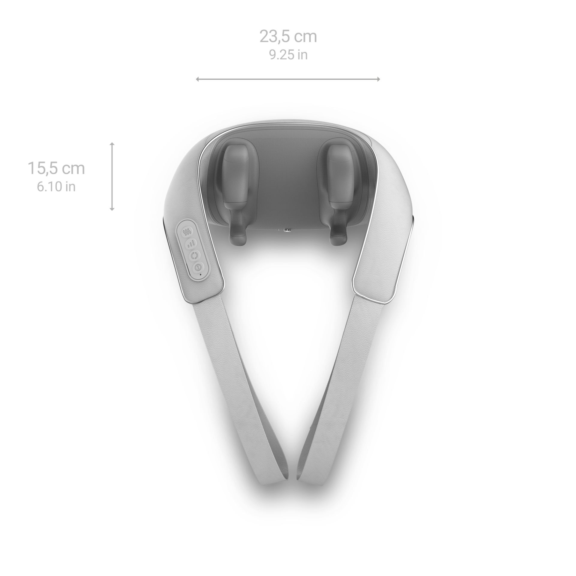 Un masajeador de cuello blanco con controles y dimensiones.