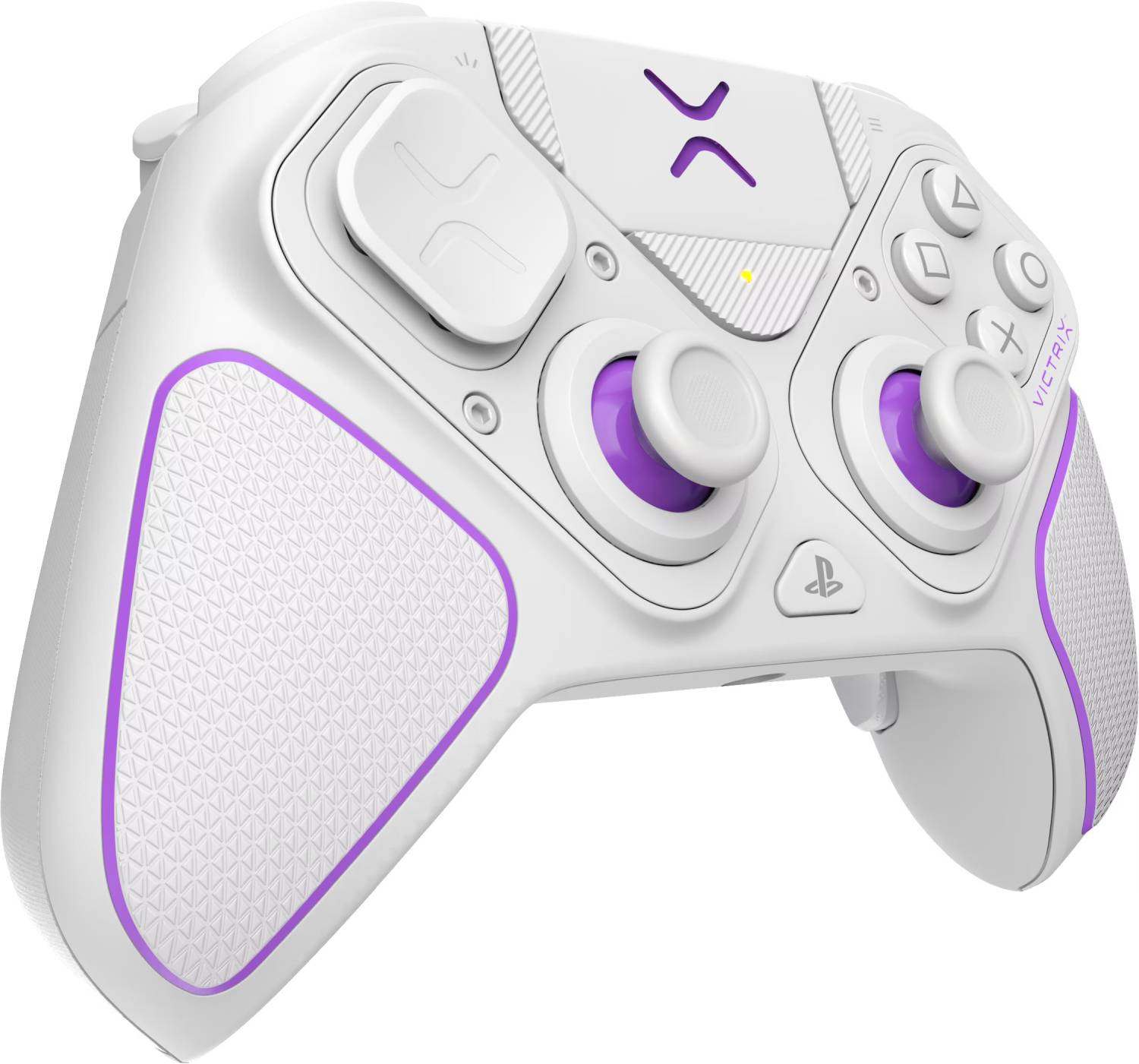 Un mando de videojuegos blanco con detalles morados, dos joysticks y botones.