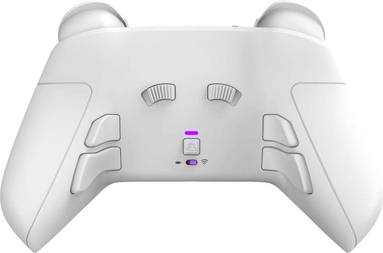 Un mando blanco con dos joysticks, botones y un indicador LED azul.
