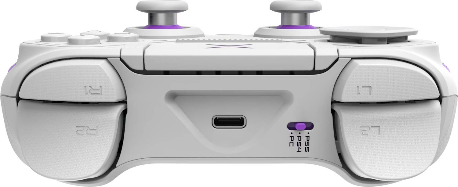 Mando blanco con detalles morados. Puerto USB-C e interruptor de modo.
