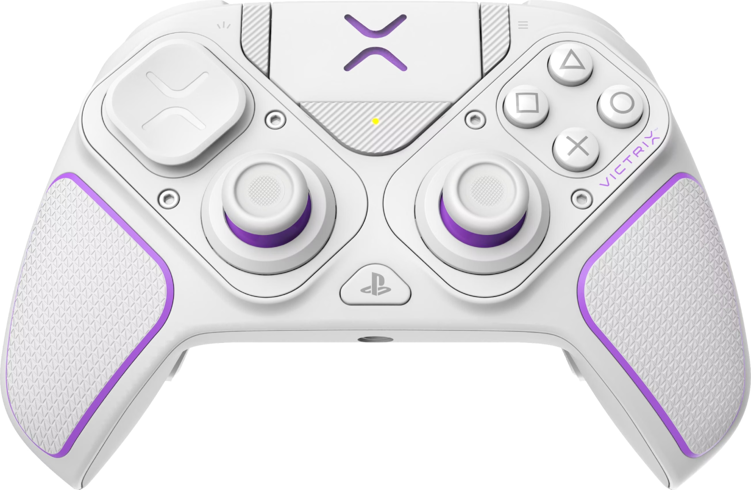 Un mando de juegos blanco con detalles morados, dos joysticks y botones.