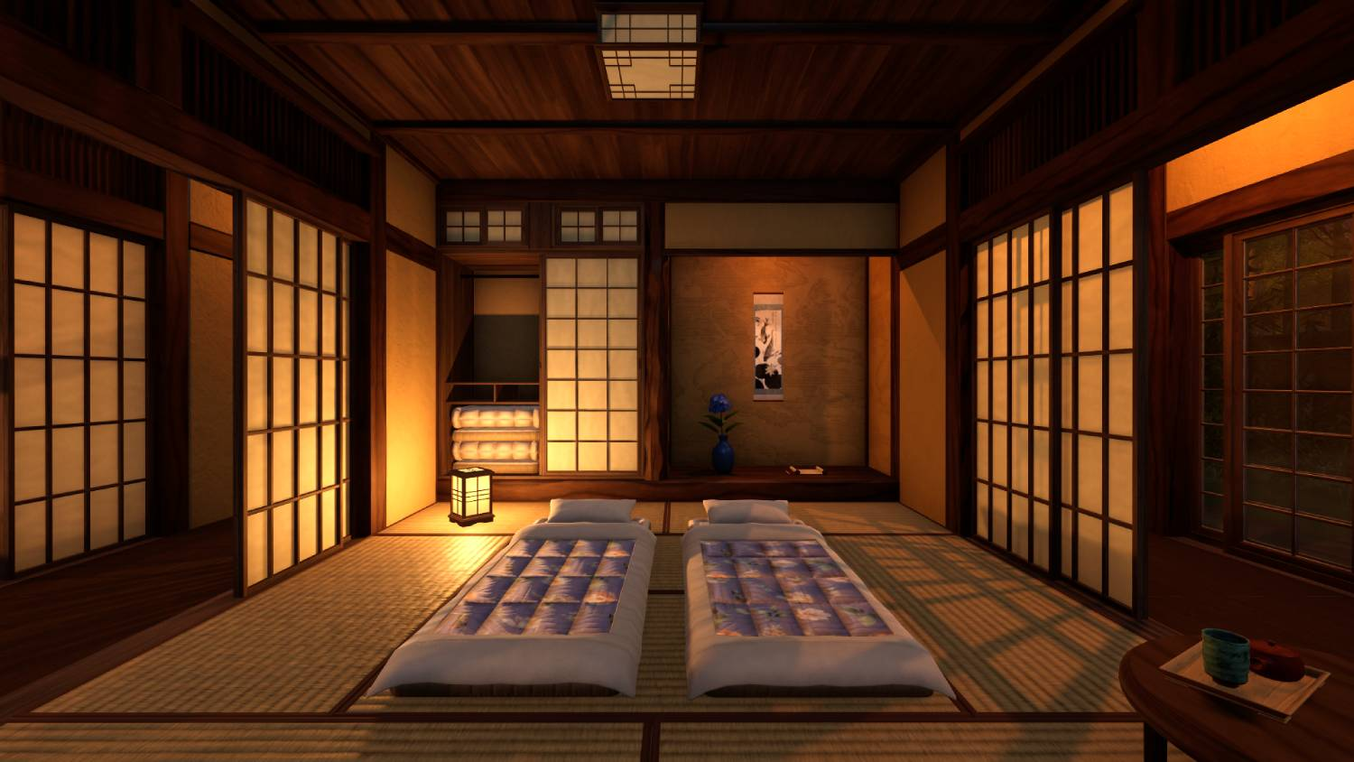 Una habitación japonesa con dos camas, suelo de tatami y puertas correderas.