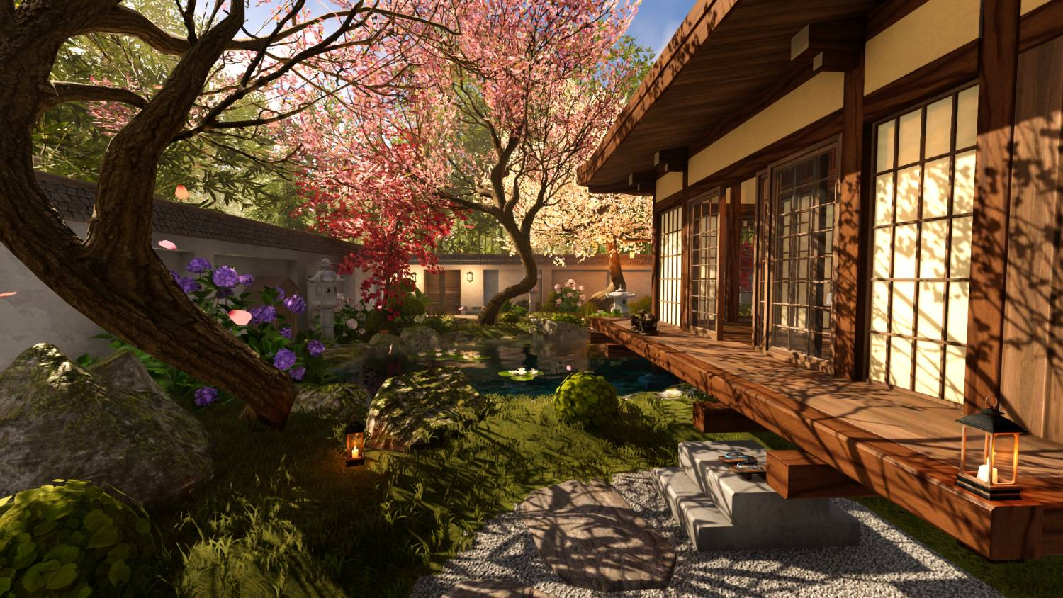 Tranquilo jardín japonés con cerezos en flor, un estanque y una veranda de madera.