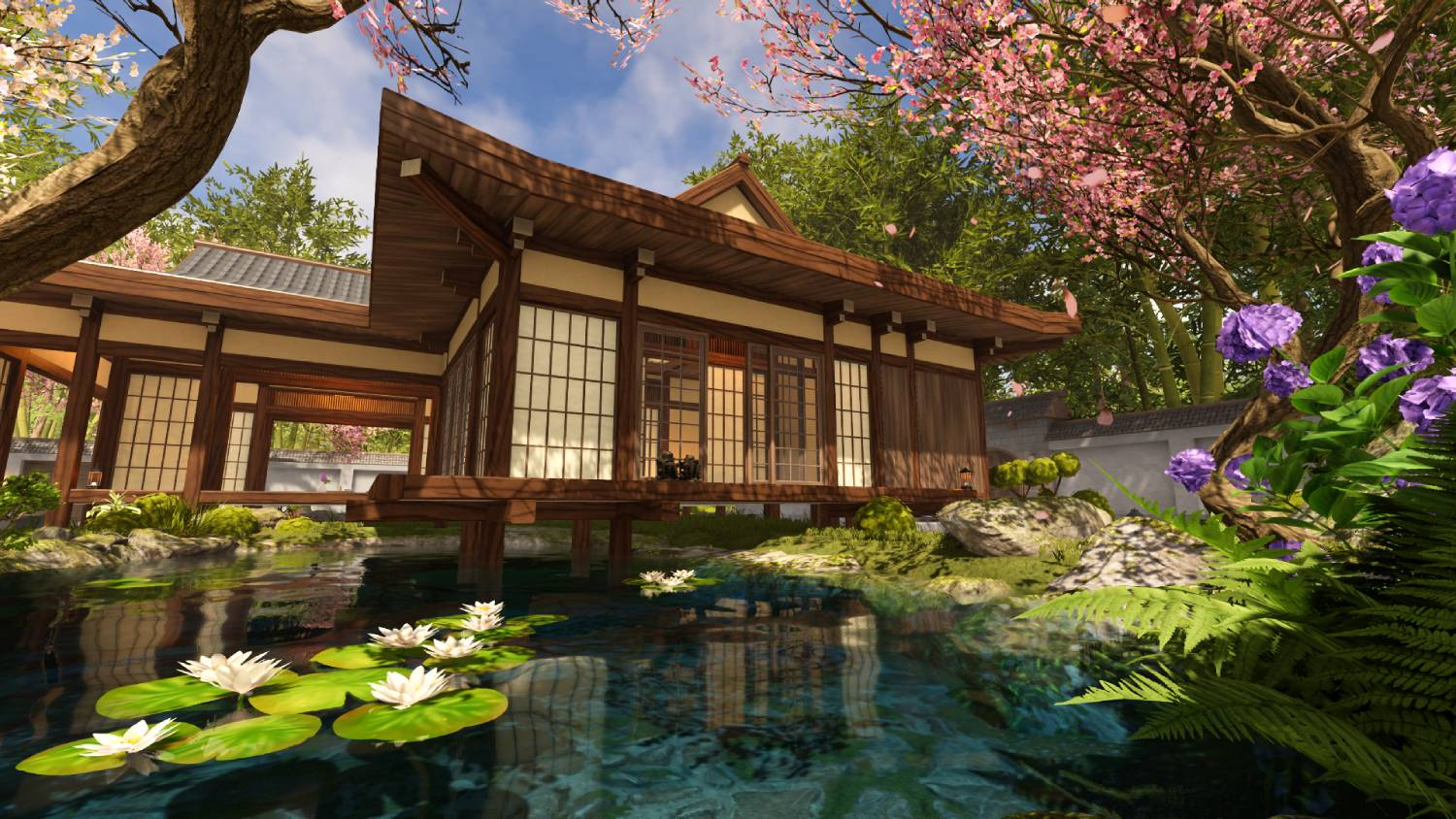 Una casa japonesa junto a un estanque con nenúfares, flores de cerezo e hortensias.
