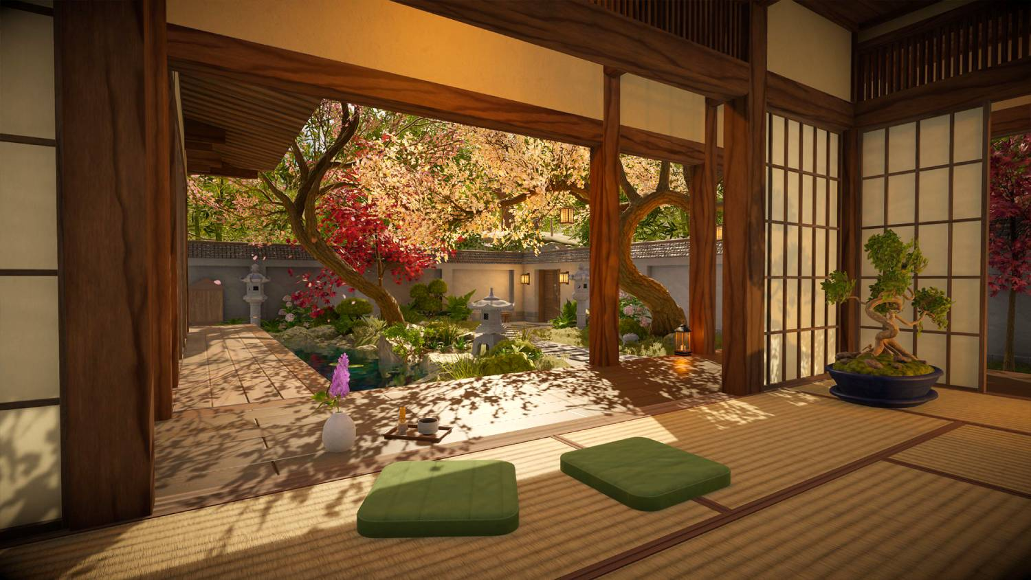 Acogedora habitación japonesa con tatami, cojines verdes y vista a un jardín tranquilo.
