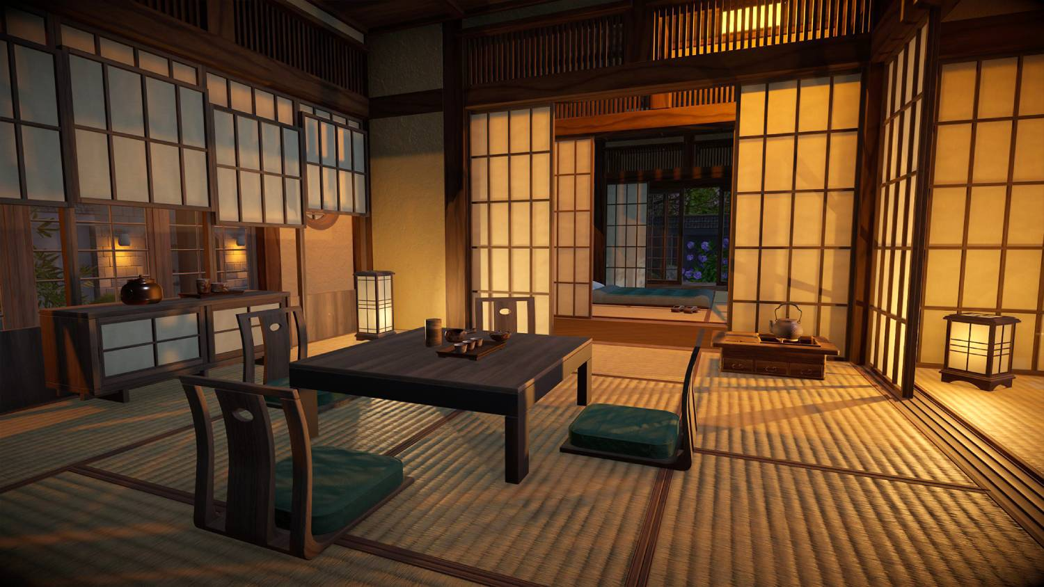 Habitación japonesa tradicional con tatami, puertas corredizas y muebles bajos.