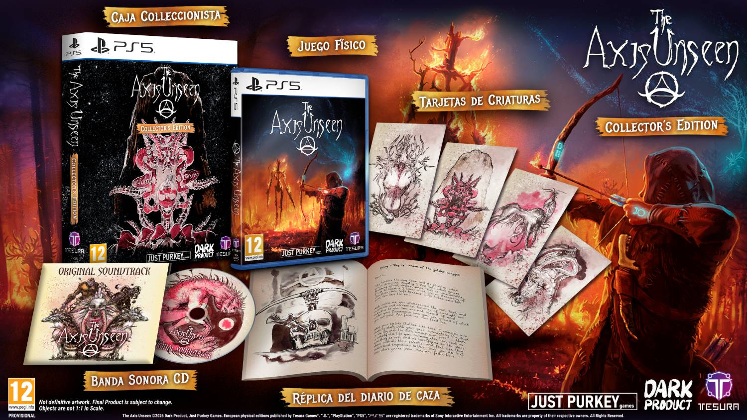 Edición coleccionista PS5 con juego, CD de banda sonora, cartas y diario. Arquero apunta al fondo.