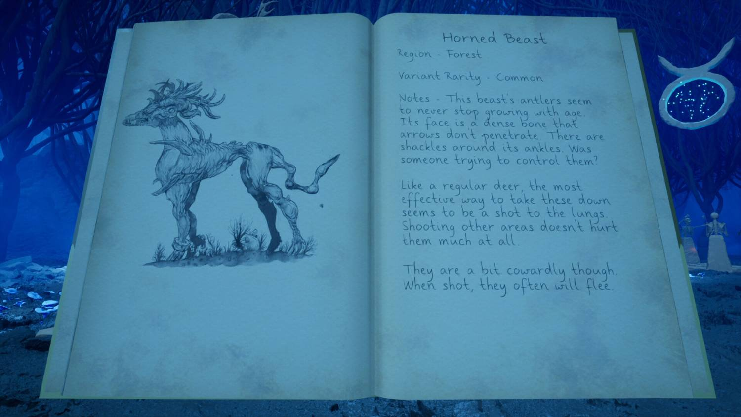 Una página de libro con un dibujo de una bestia cornuda y notas.