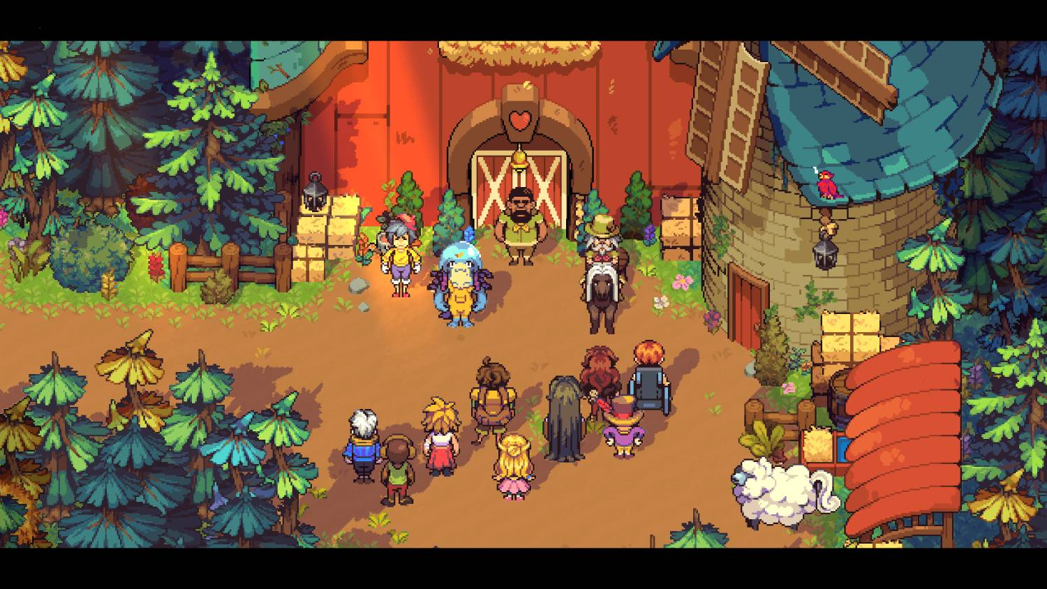 Escena de pueblo pixelada con granero, molino de viento, árboles, oveja y personajes.