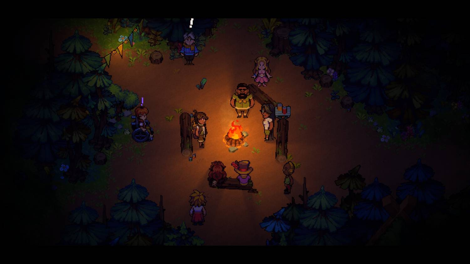 Un grupo de personajes de píxeles se reúne alrededor de una fogata en un bosque.
