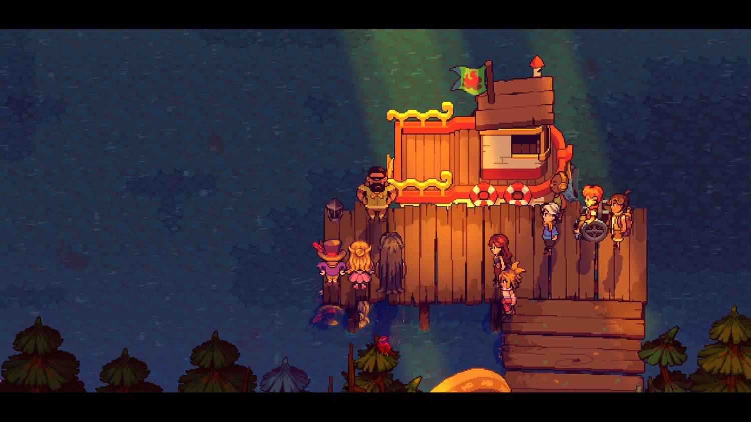 Escena de pixel art: Personajes en un muelle de madera junto a un edificio pequeño junto al agua.