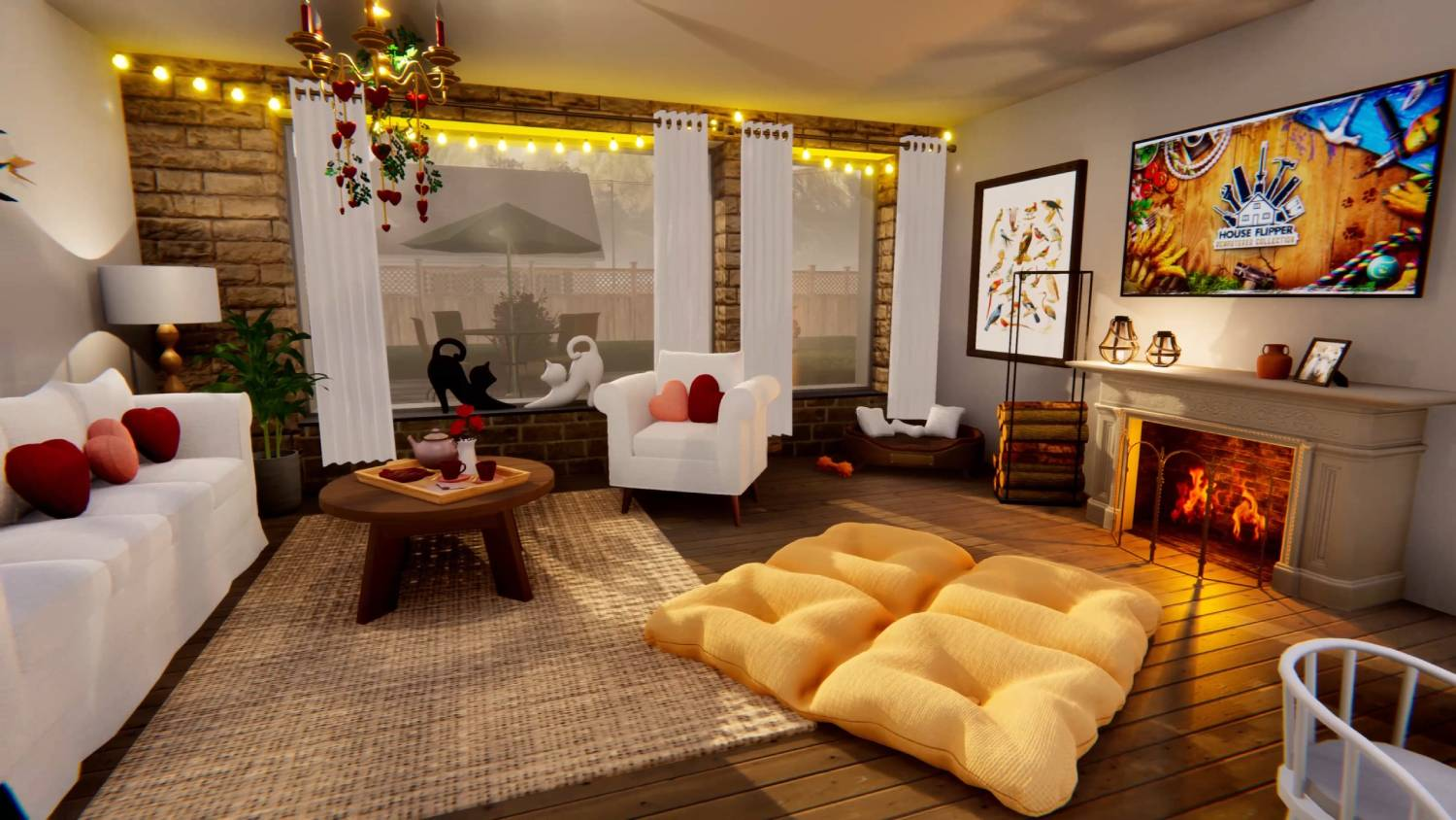 Acogedora sala de estar con sofá blanco, sillón, chimenea y ventana grande.