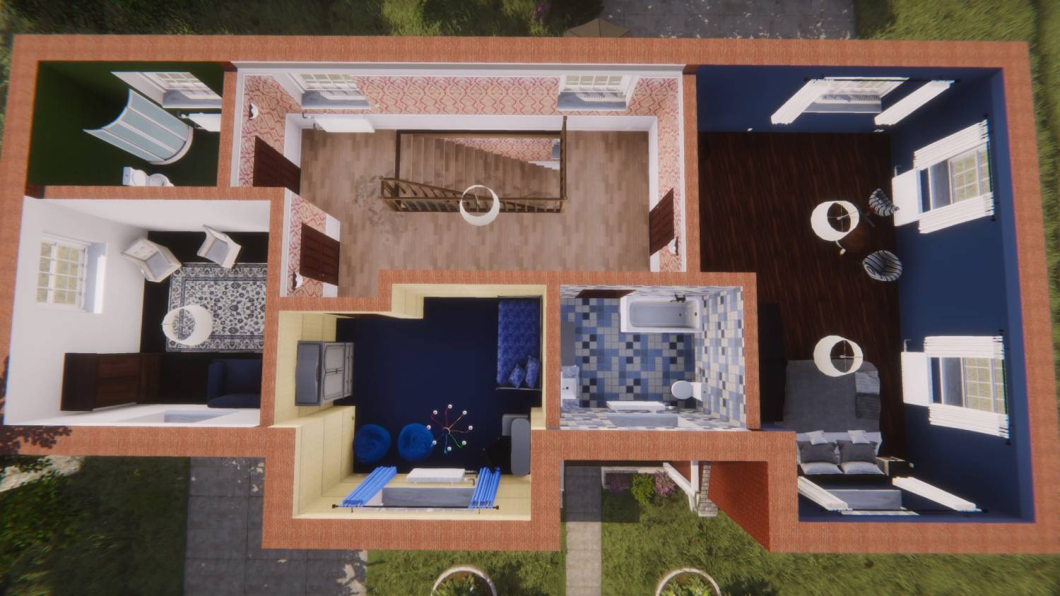 Vista superior de una casa con varias habitaciones, incluyendo dormitorio, baño y sala.