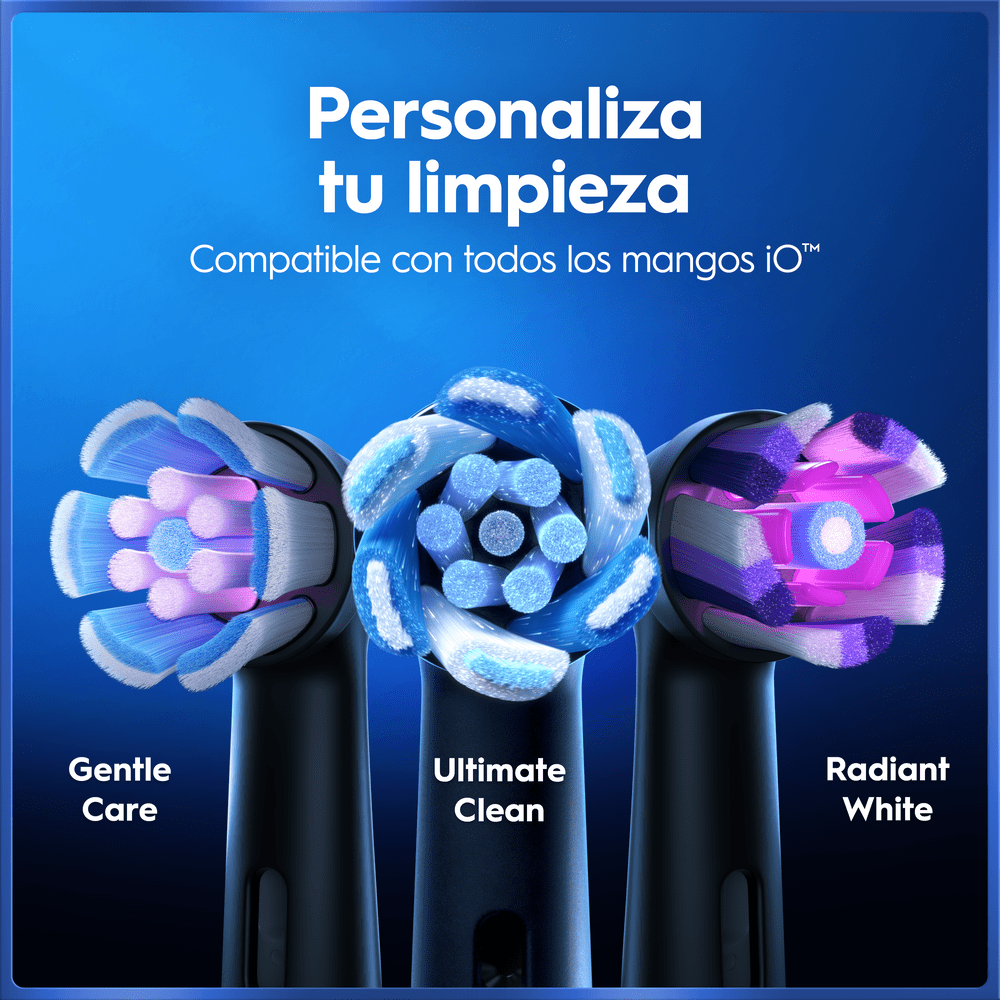 Personaliza tu limpieza. Compatible con todos los mangos iO. Gentle care. Ultimate clean. Radiant White.
