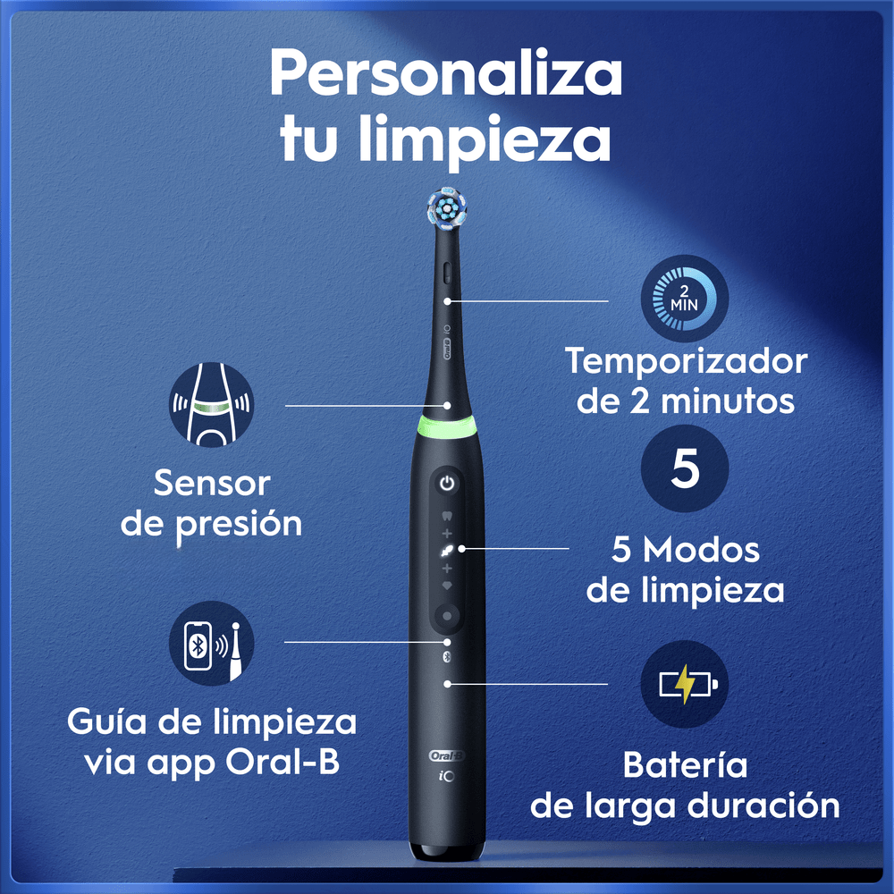 Personaliza tu limpieza. Sensor de presión. Guía de limpieza via app Oral-B. Temporizador de 2 minutos. 5 modos. Batería de larga duración.