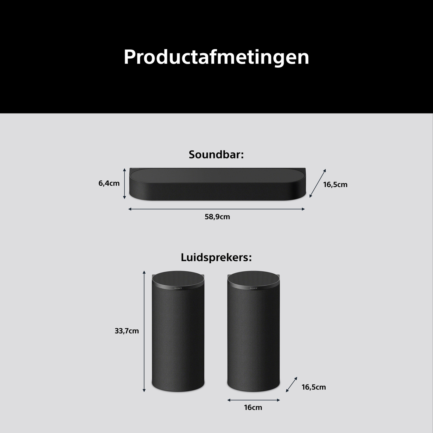 Dimensions for a soundbar (58.9x16.5x6.4 cm) and two speakers (16x33.7 cm).