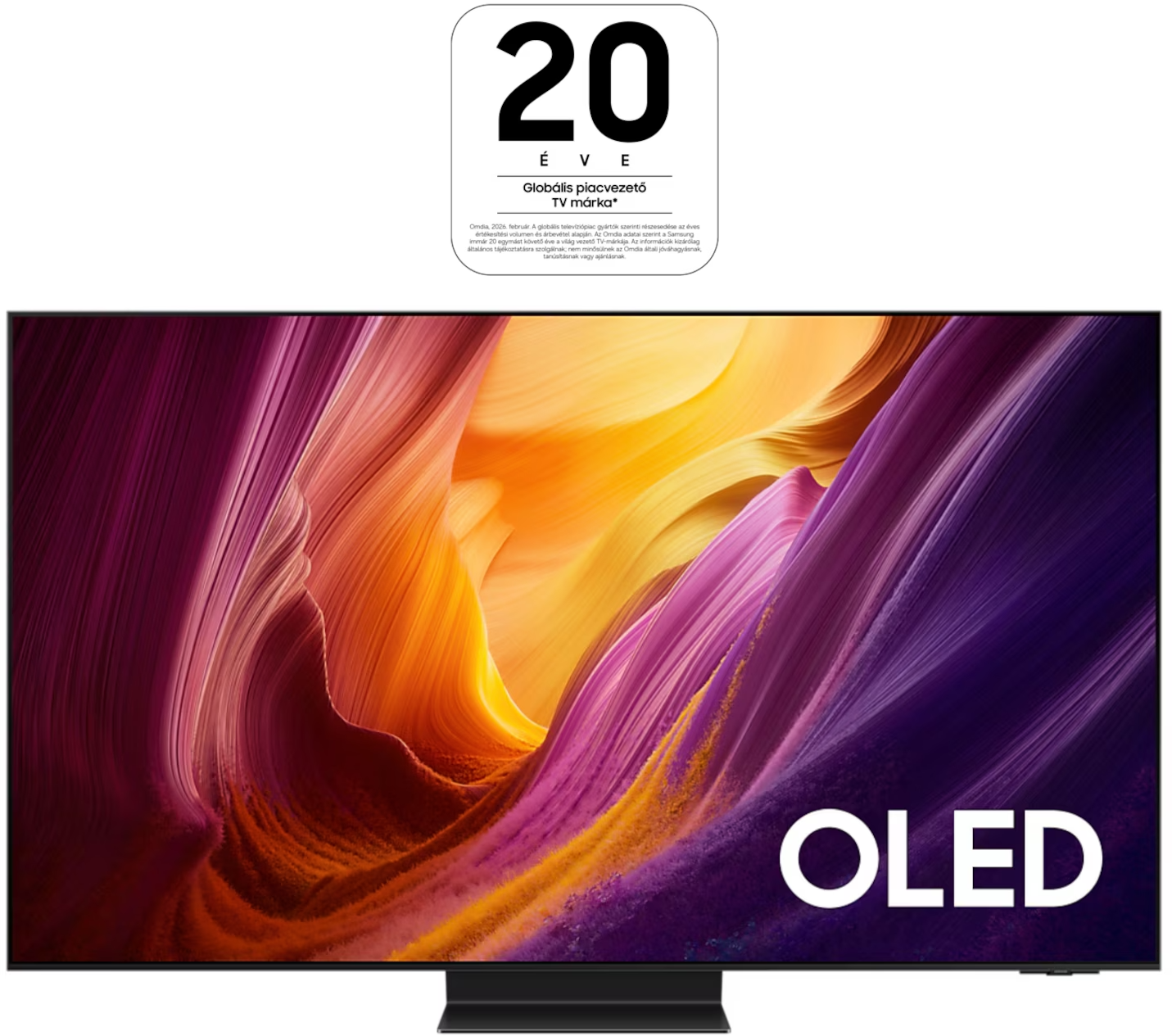 Egy modern OLED TV élénk, absztrakt képet jelenít meg. "OLED" felirat látható.