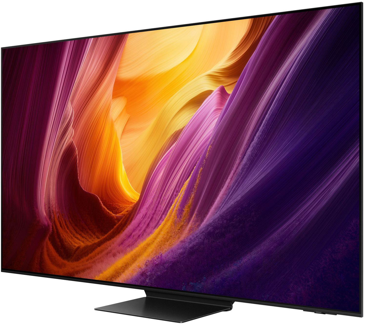 Egy modern fekete televízió színes, absztrakt képernyővédővel.