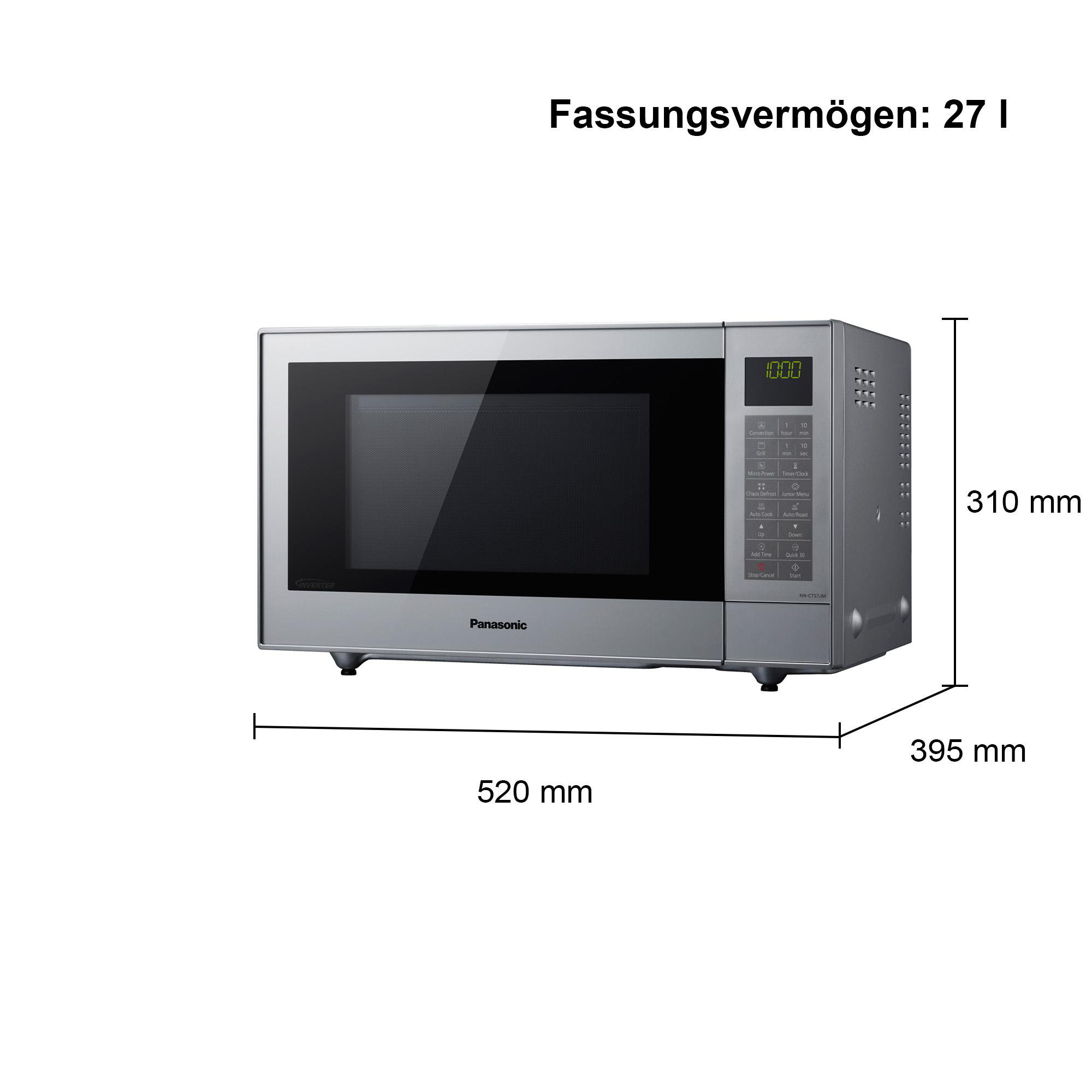 Silberne Panasonic Mikrowelle mit digitalen Bedienelementen und Maßen.