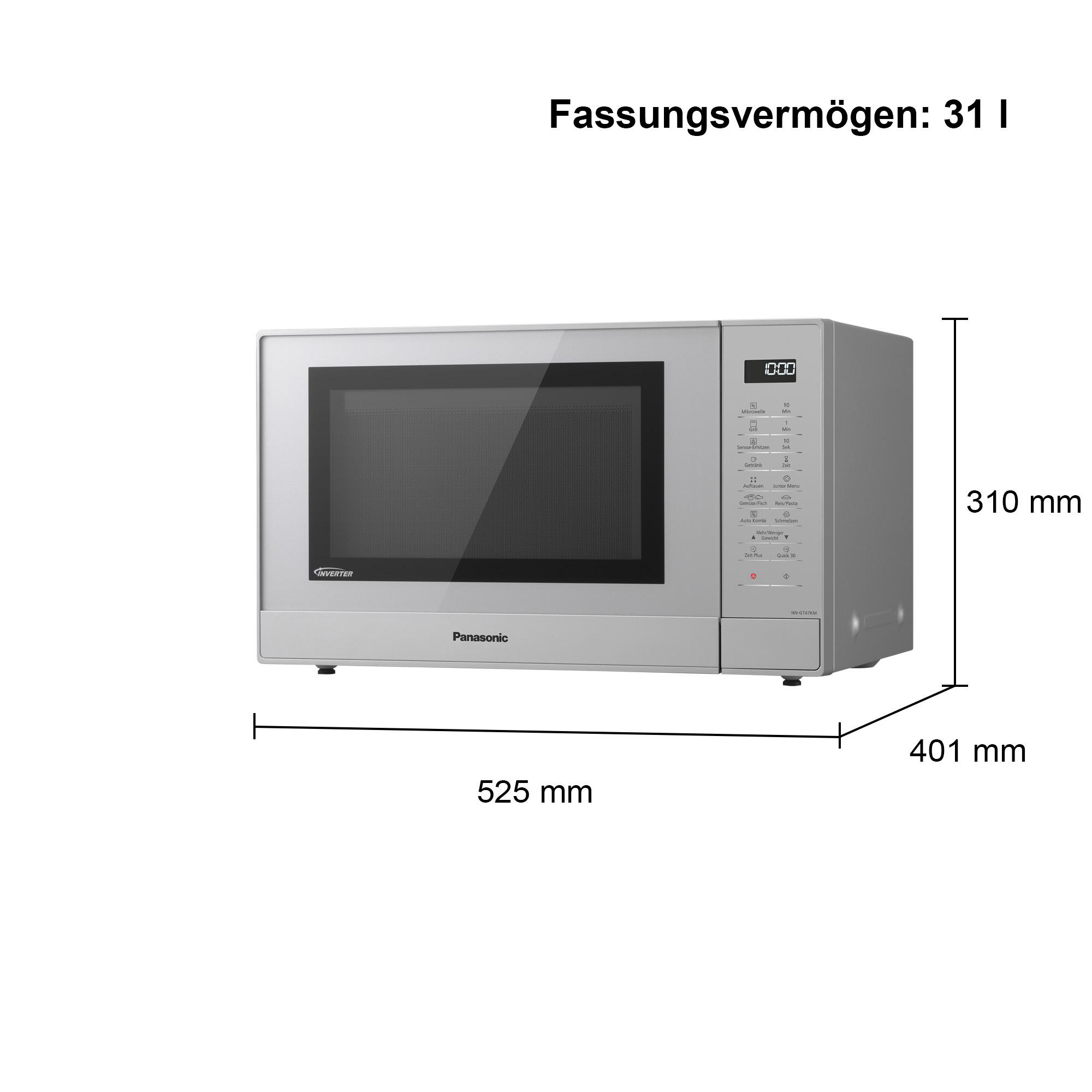 Silberne Panasonic Mikrowelle mit Display und Bedienelementen. Maße: 525x401x310mm.