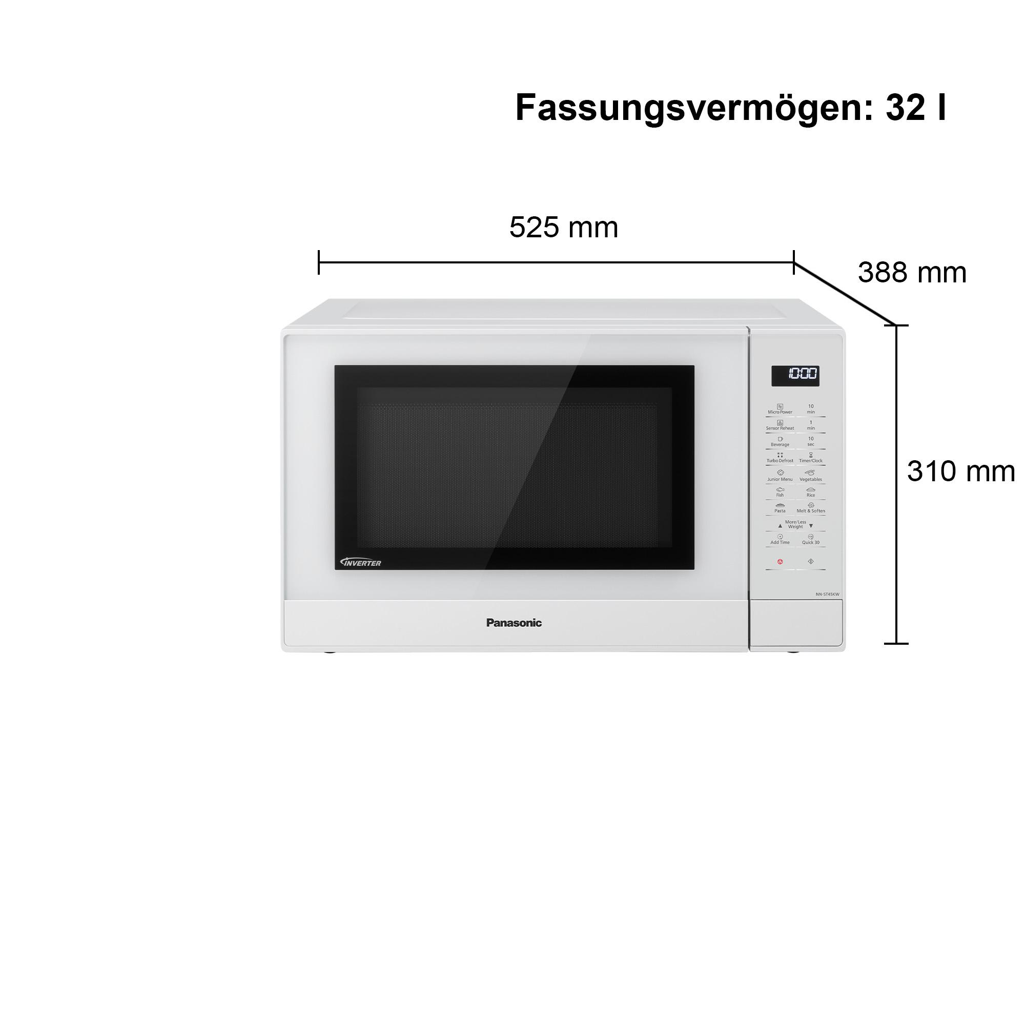 Weiße Panasonic Mikrowelle mit Display und Bedienfeld. Maße: 525x388x310 mm.
