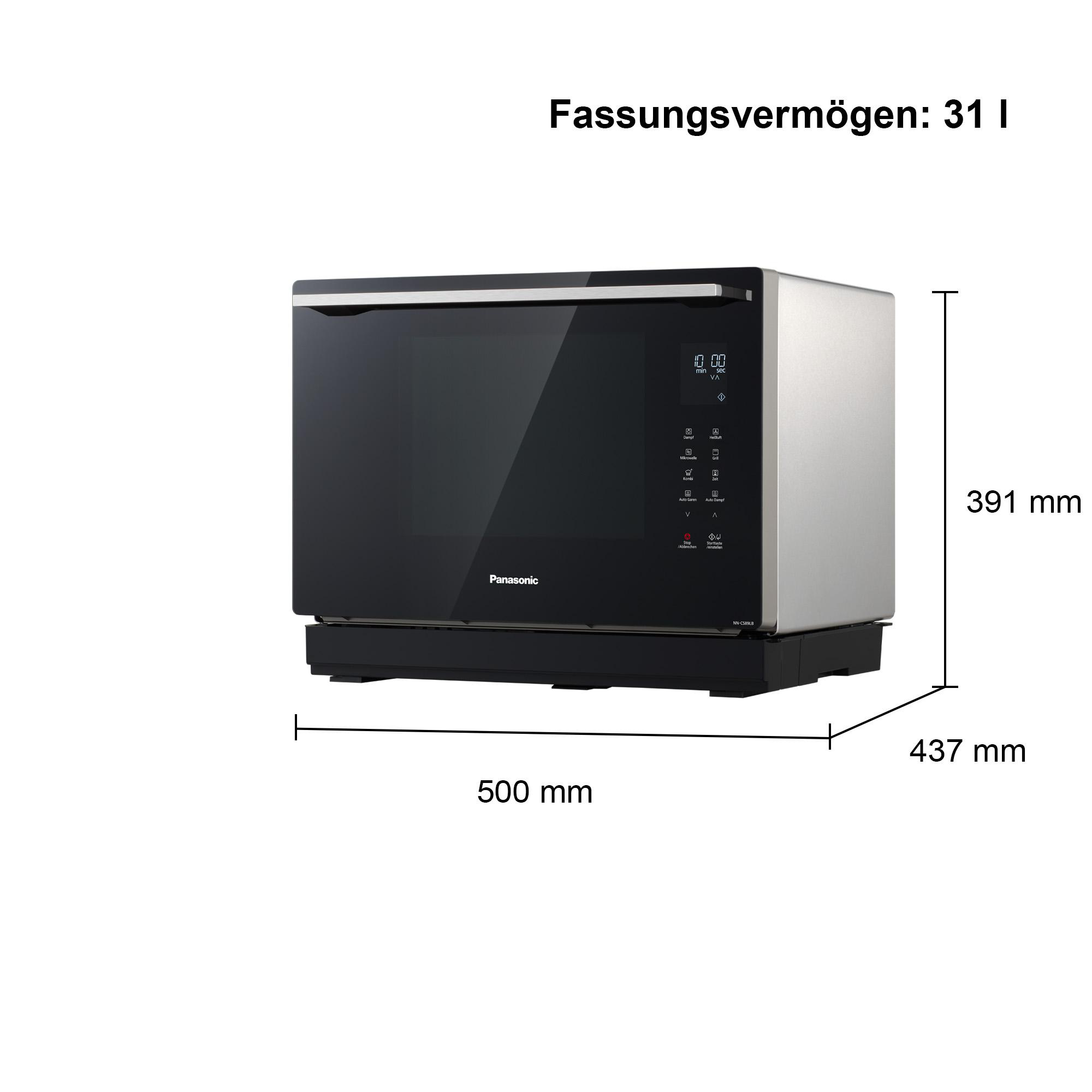 Ein silberner und schwarzer Panasonic Ofen mit Maßen 500x391x437 mm.