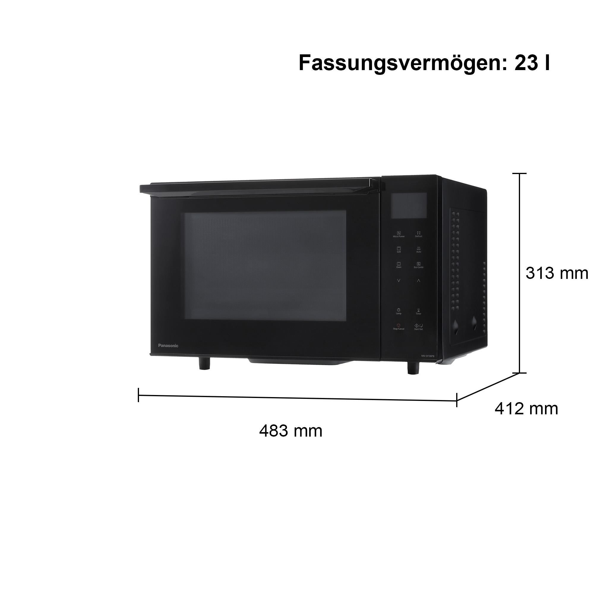 Schwarze Panasonic Mikrowelle mit Bedienfeld und Maßen 483x412x313 mm.