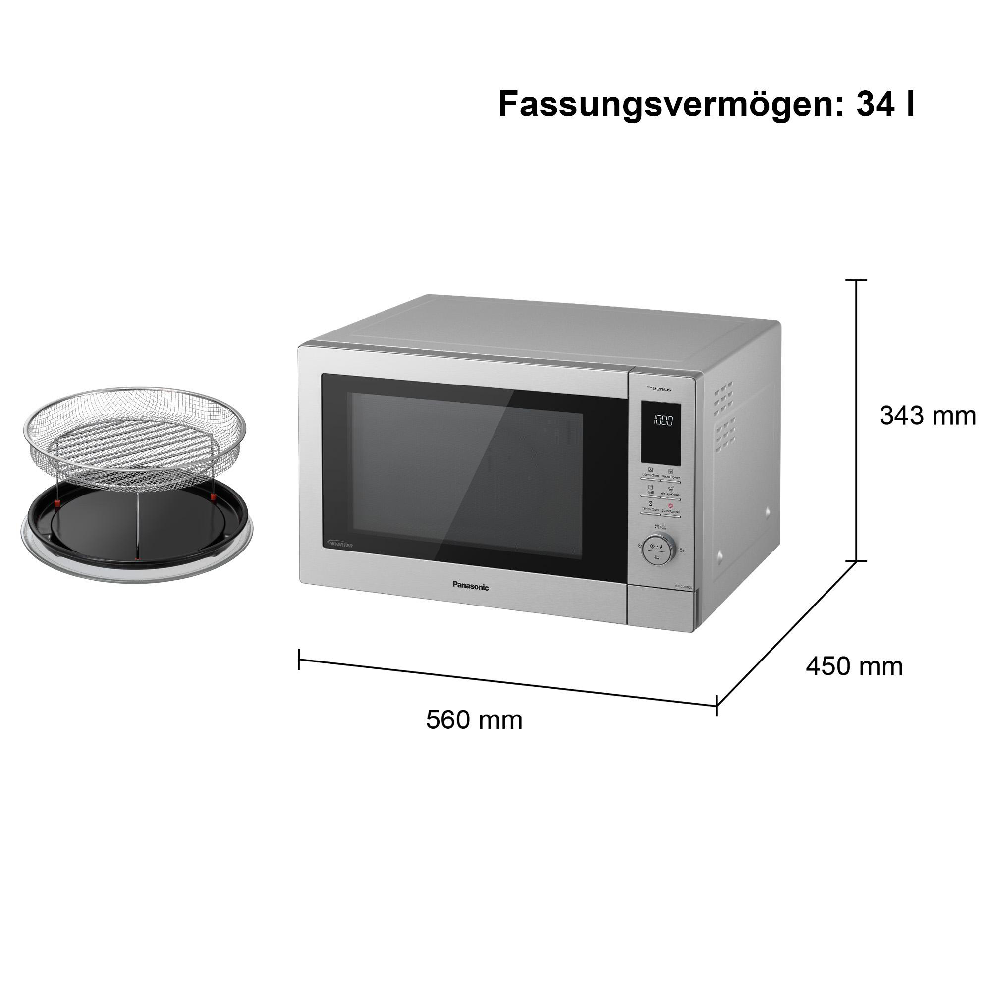 Silberne Panasonic Mikrowelle mit Grillrost, Maße 560x450x343mm.