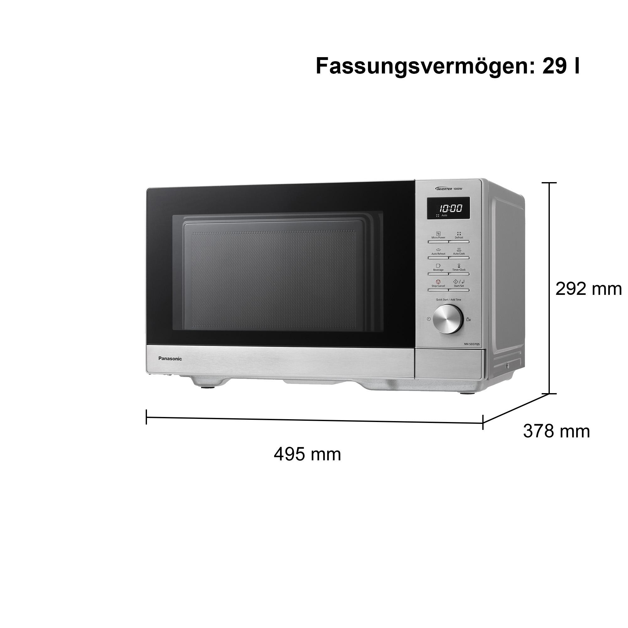 Silberne Panasonic Mikrowelle mit digitaler Anzeige und Bedienelementen.