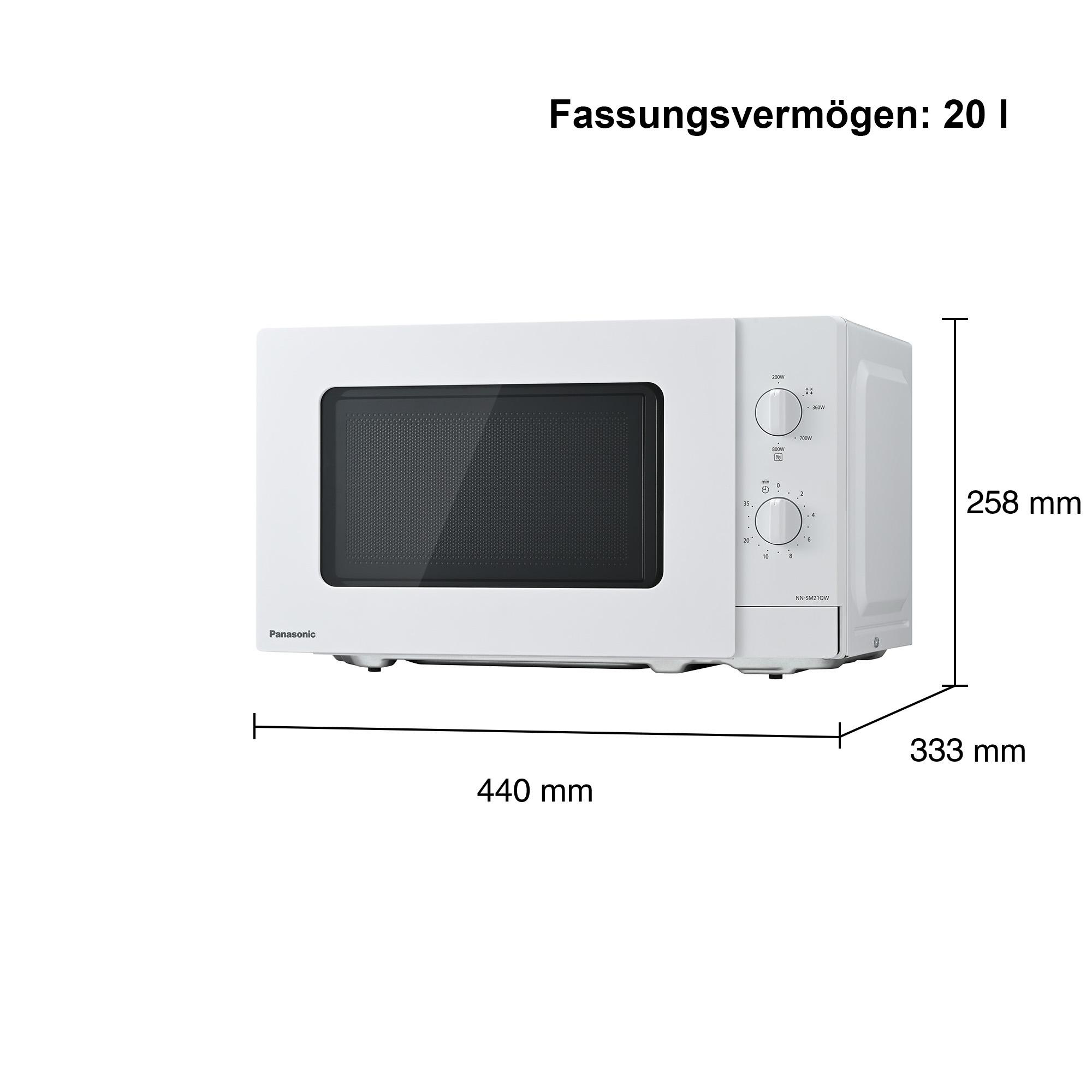 Weiße Panasonic Mikrowelle mit 20L Kapazität, Maße 440x333x258mm.