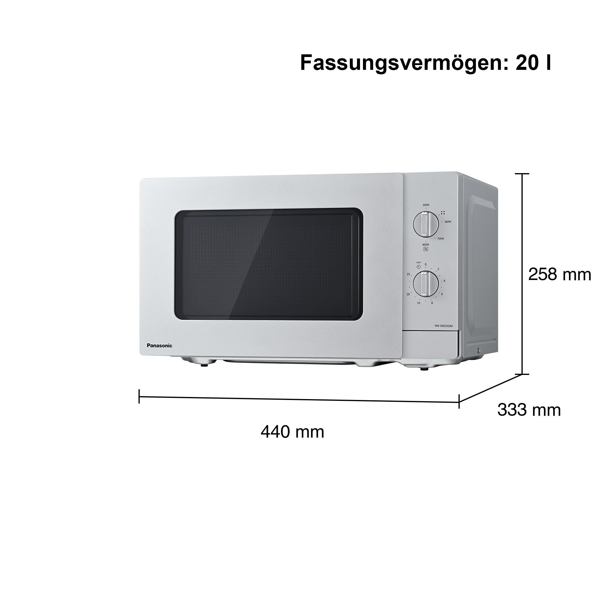 Weiße Panasonic Mikrowelle mit silberner Front. Maße: 44x33,3x25,8 cm.