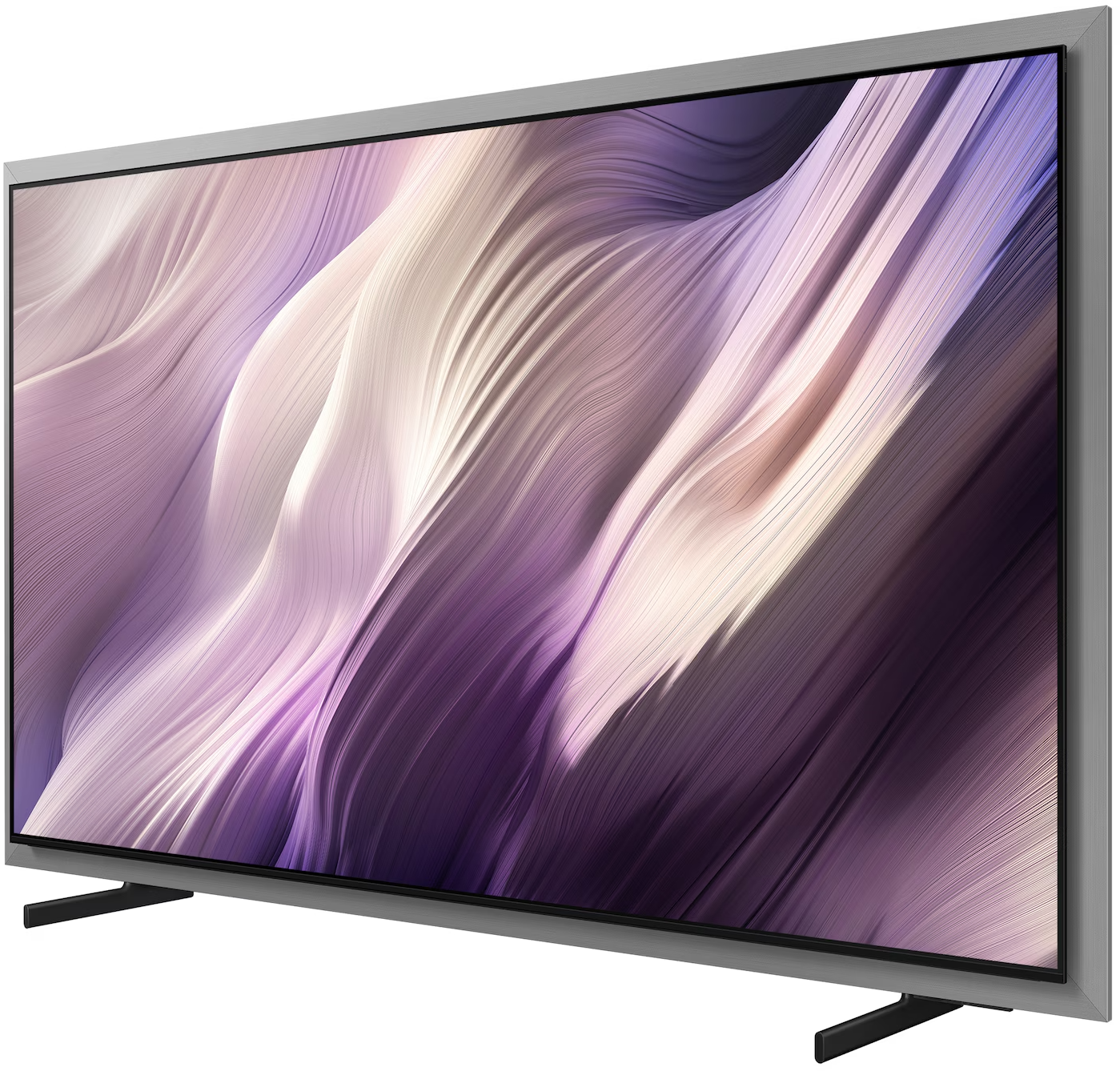Egy modern, lapos képernyős TV, amely lila és fehér absztrakt, hullámzó mintát jelenít meg.