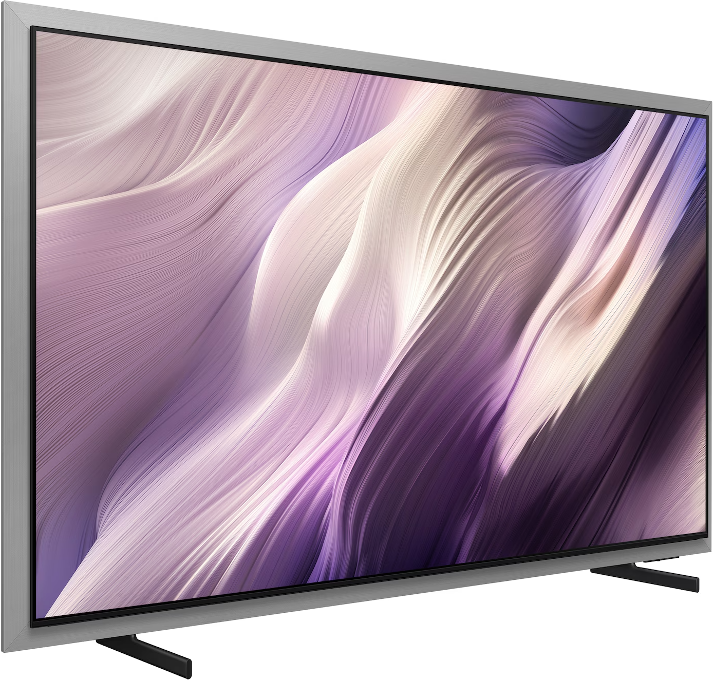 Modern, síkképernyős televízió, lila és fehér hullámzó absztrakt mintával a képernyőn.